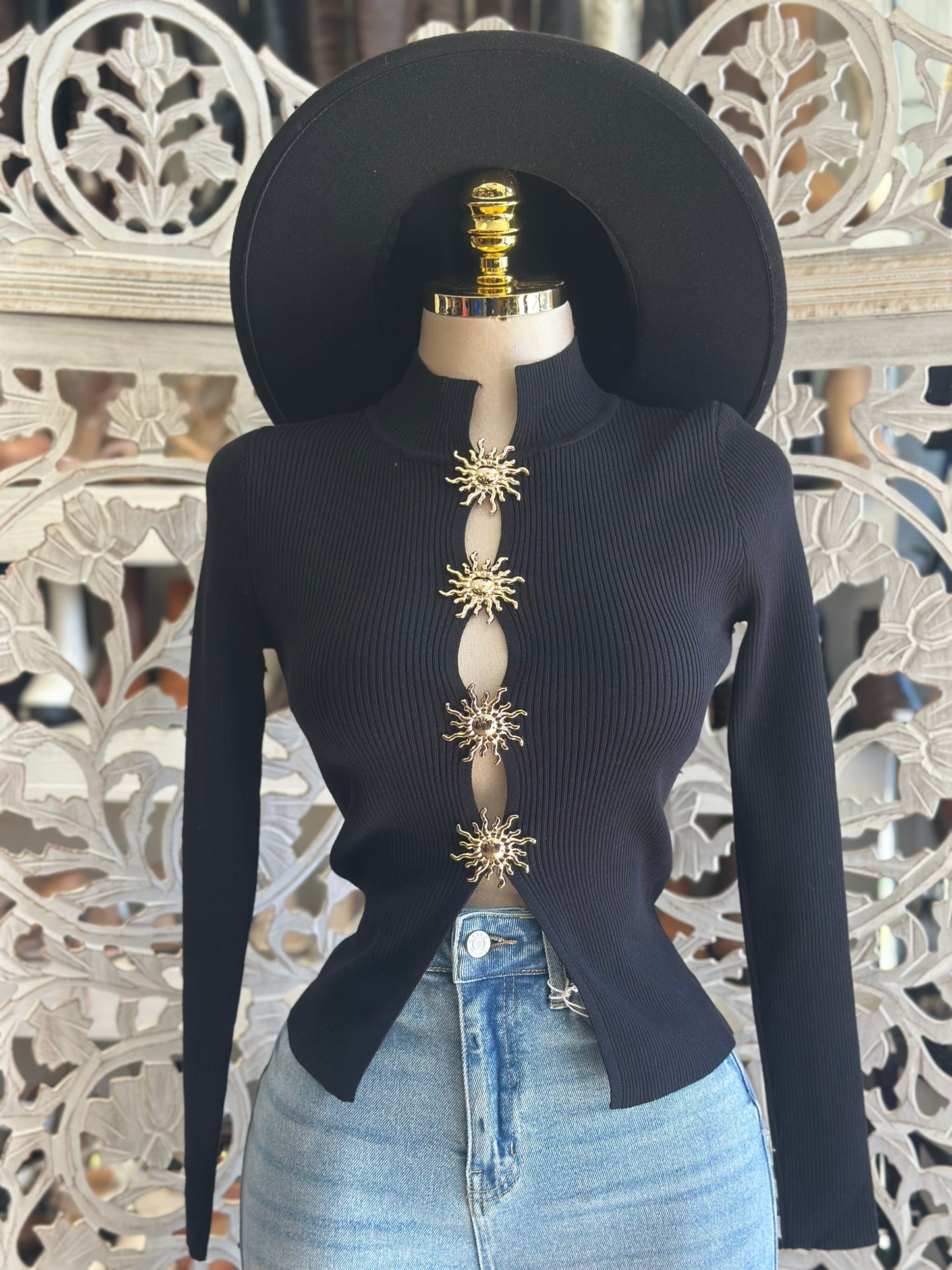 Black Sol Button Ribbed Sweater Top- Estira, Stretchy