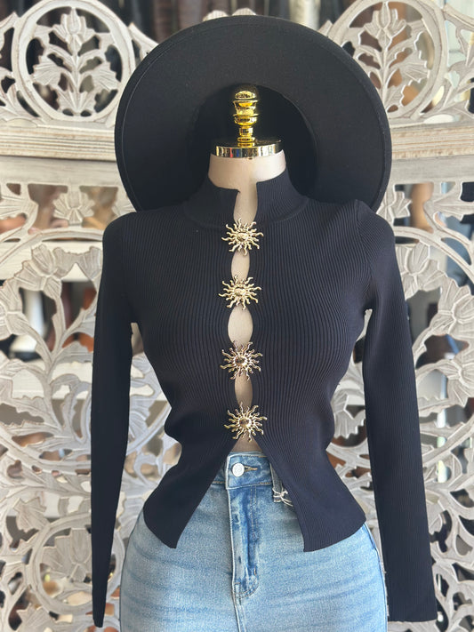 Black Sol Button Ribbed Sweater Top- Estira, Stretchy