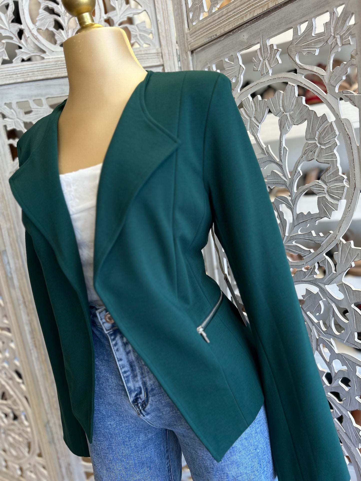 Hunter Green Zipper Pocket Blazer- Slightly Stretchy