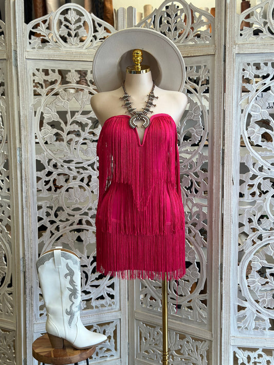 Fuchsia ￼Fringe Dress- Stretchy, Estira