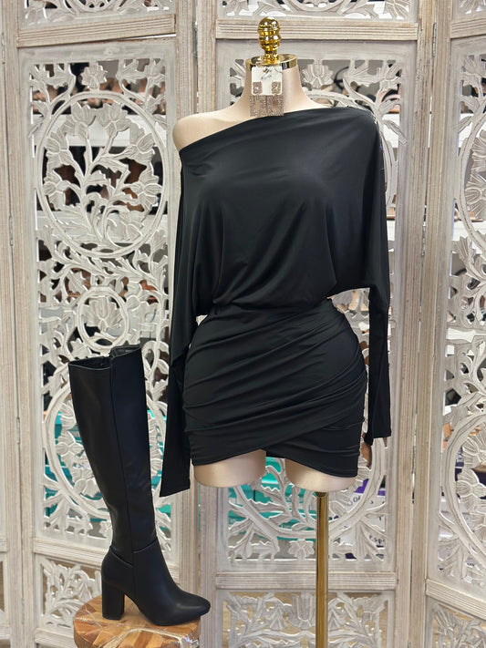 Black Draped Mini Dress- Stretchy,Estira