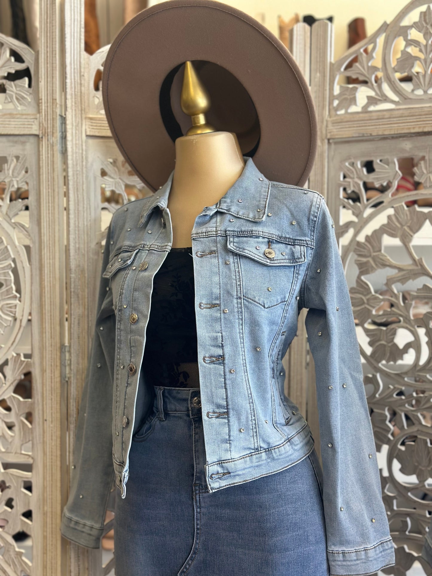 Rhinestone Detail Denim Jacket- Stretchy