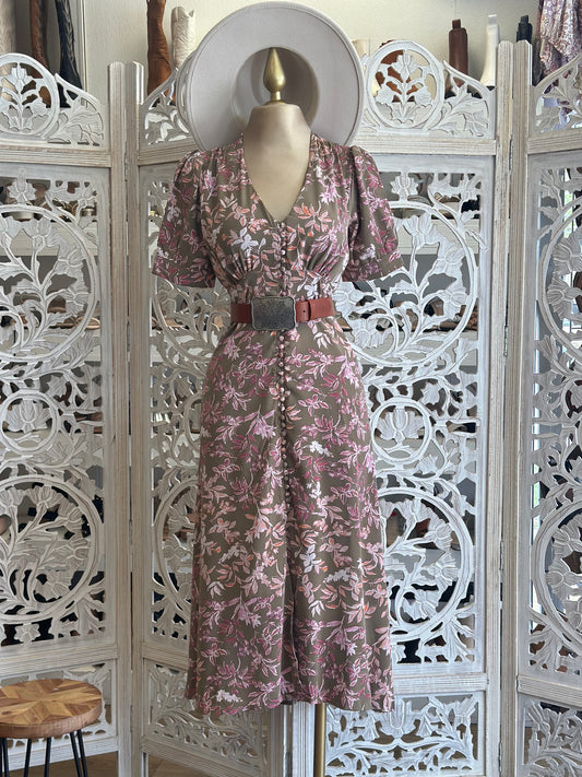 Brown Floral Midi Dress-  Not Stretchy