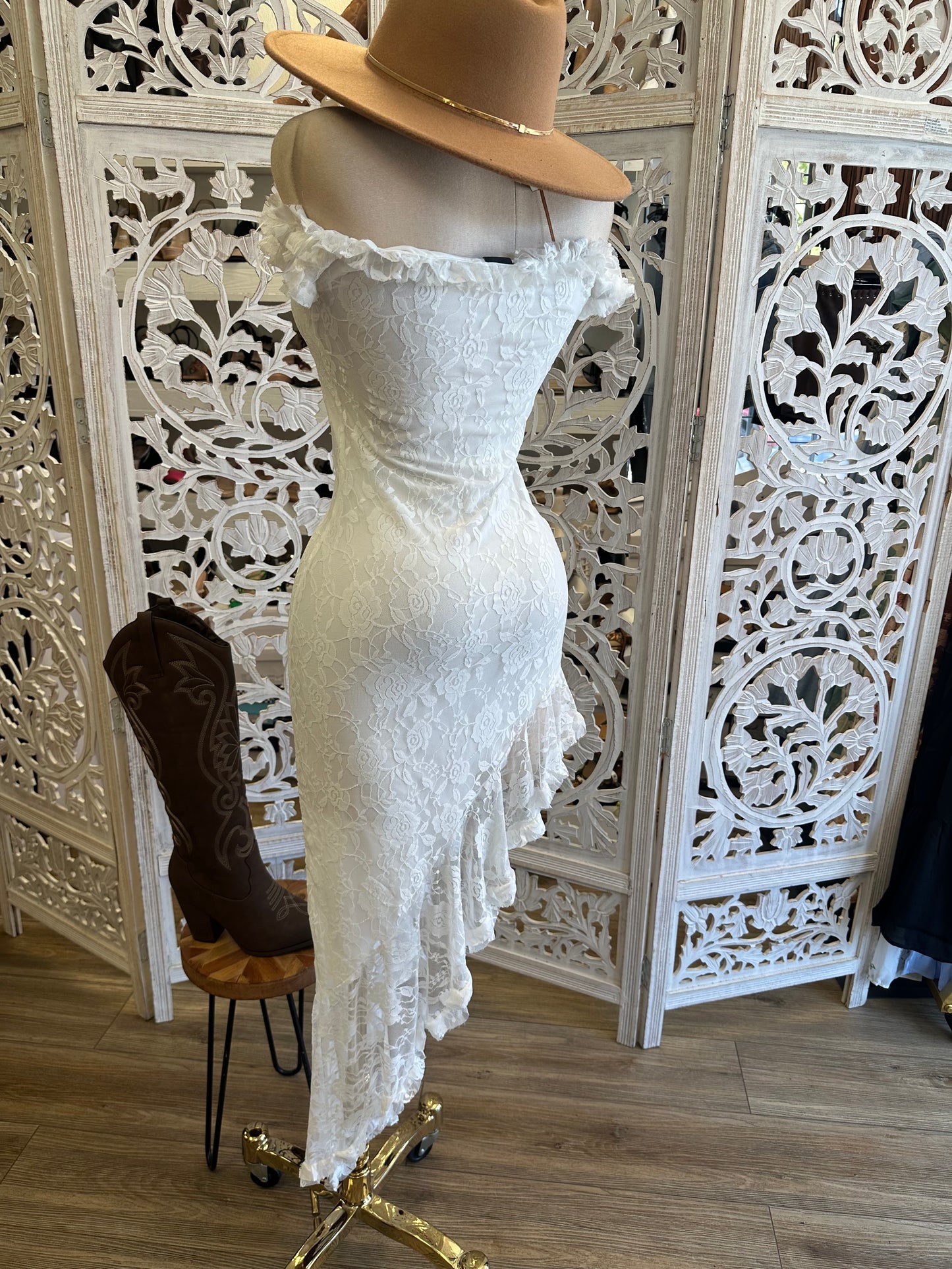 White High Low Lace Dress- Stretchy, Estira