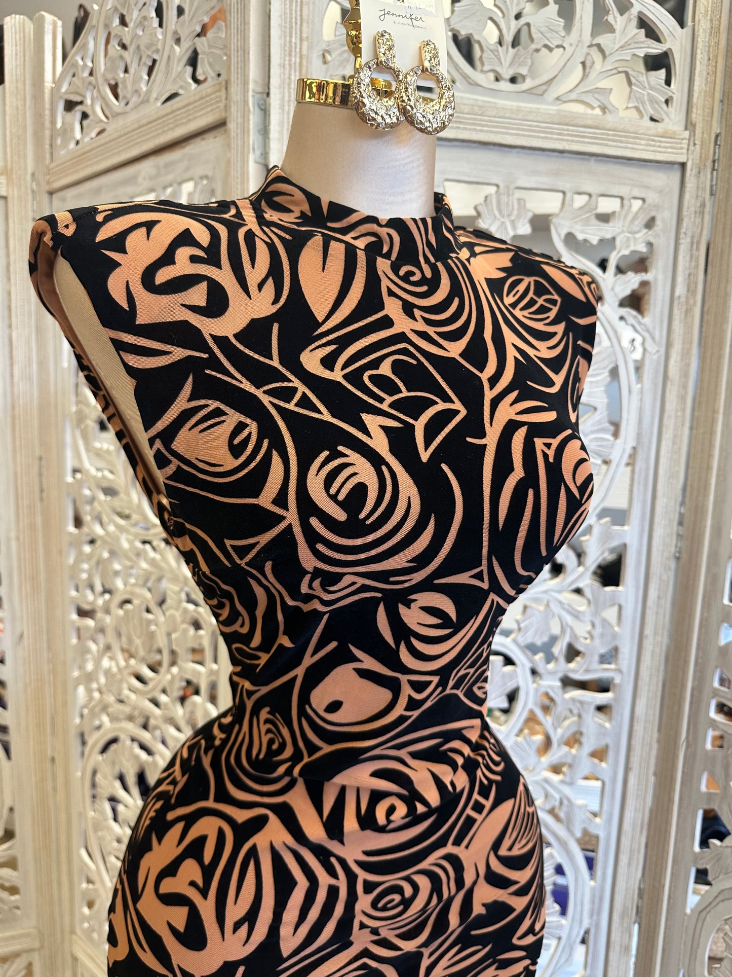 Mock Neck Rose Pattern Maxi Dress - Estira, Stretchy