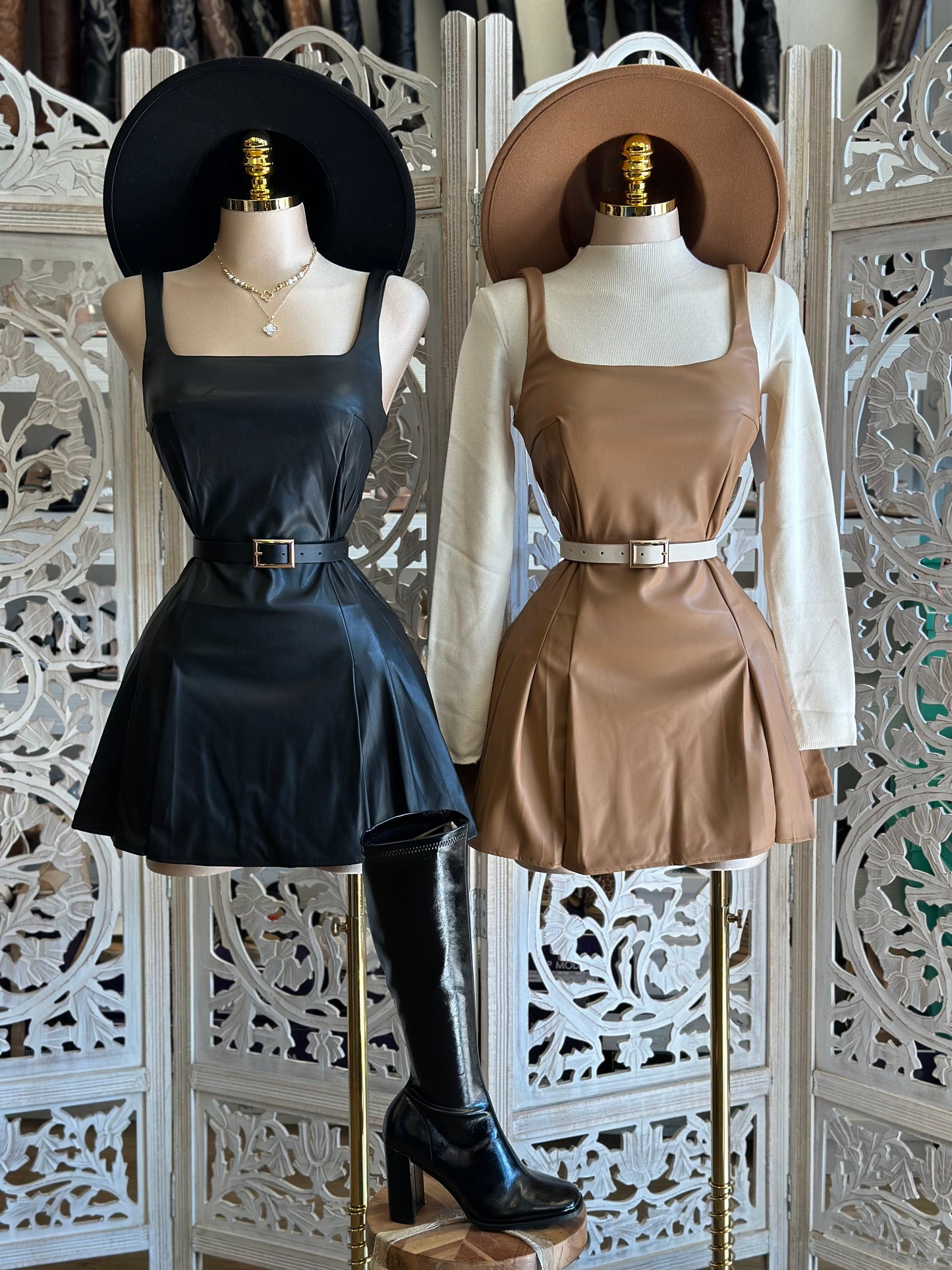 Square Neck Faux Leather Mini Dress- Stretchy,Estira
