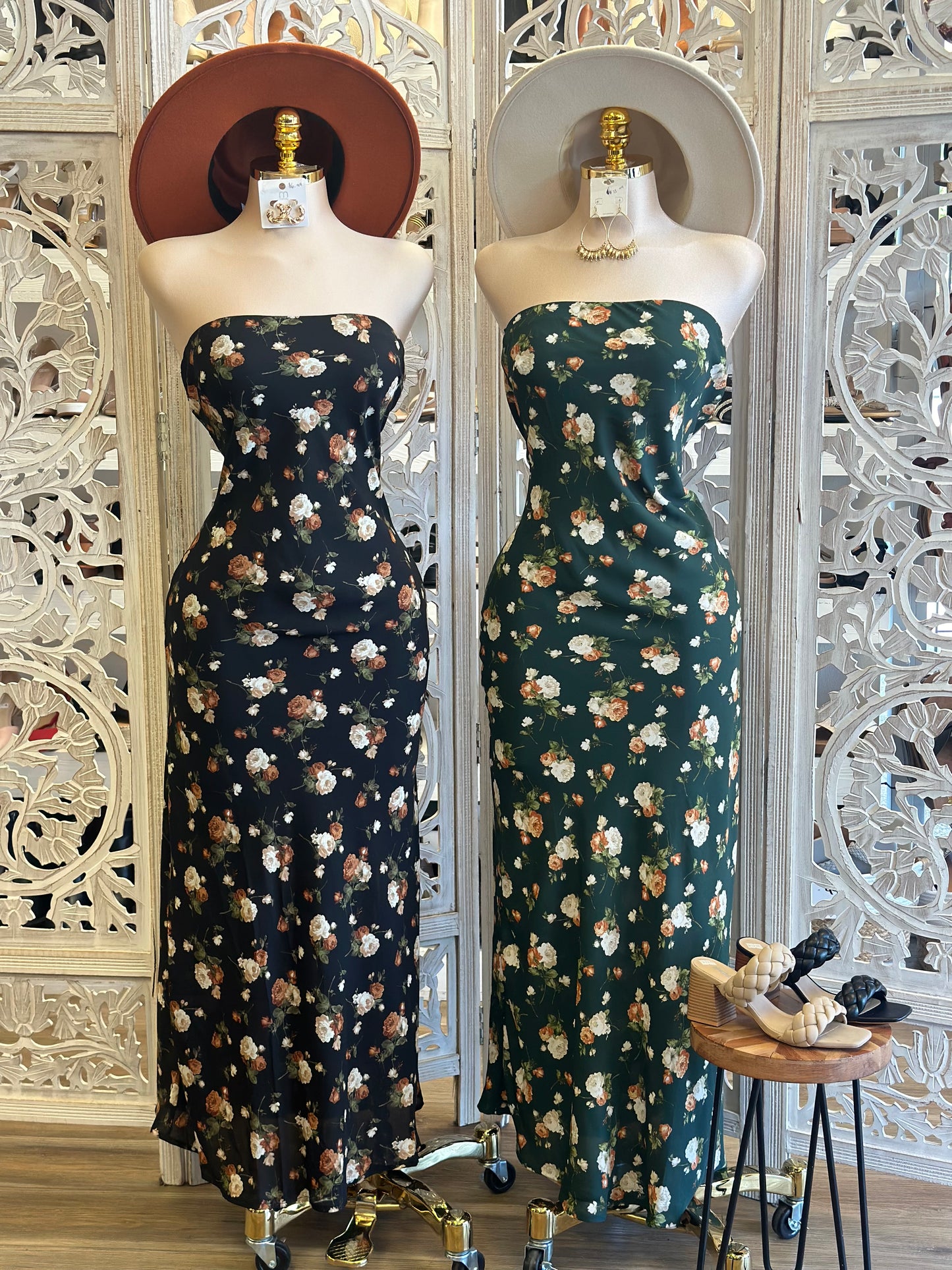 Strapless Flower Pattern Maxi Dress- No Estira, Not Stretchy