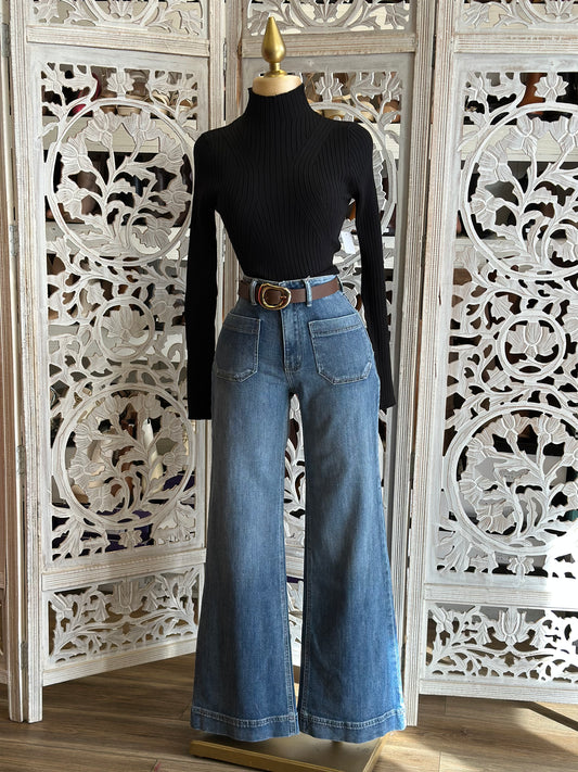 Stitch Pocket Denim Wide Leg Jeans - Stretchy, Estira