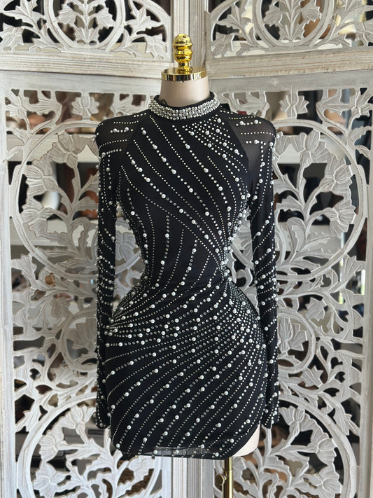 Embellished Black Mini Dress- Stretchy,Estira