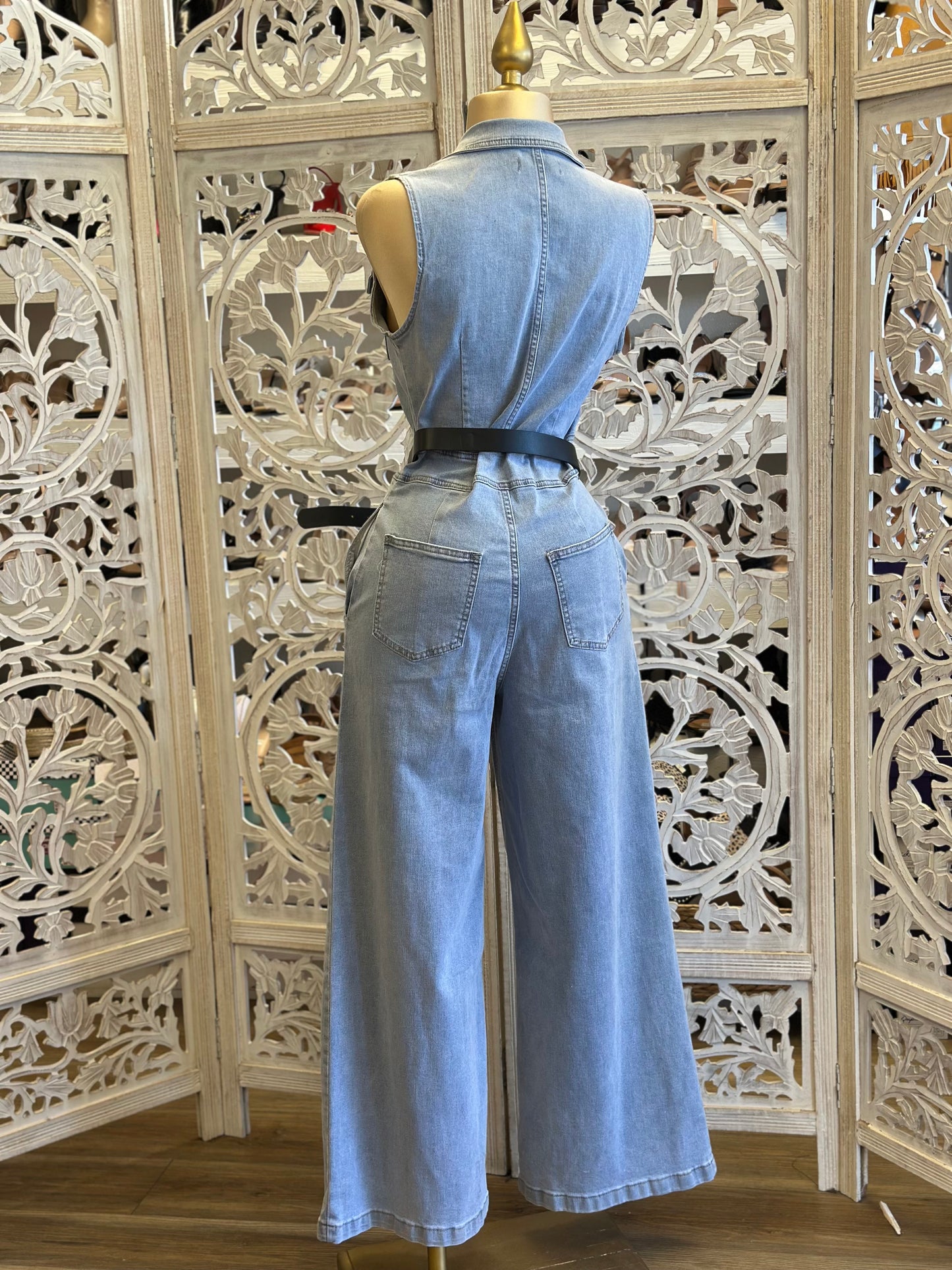 Wide Leg Light Denim Jumpsuit-Estira Poco , Slightly Stretchy