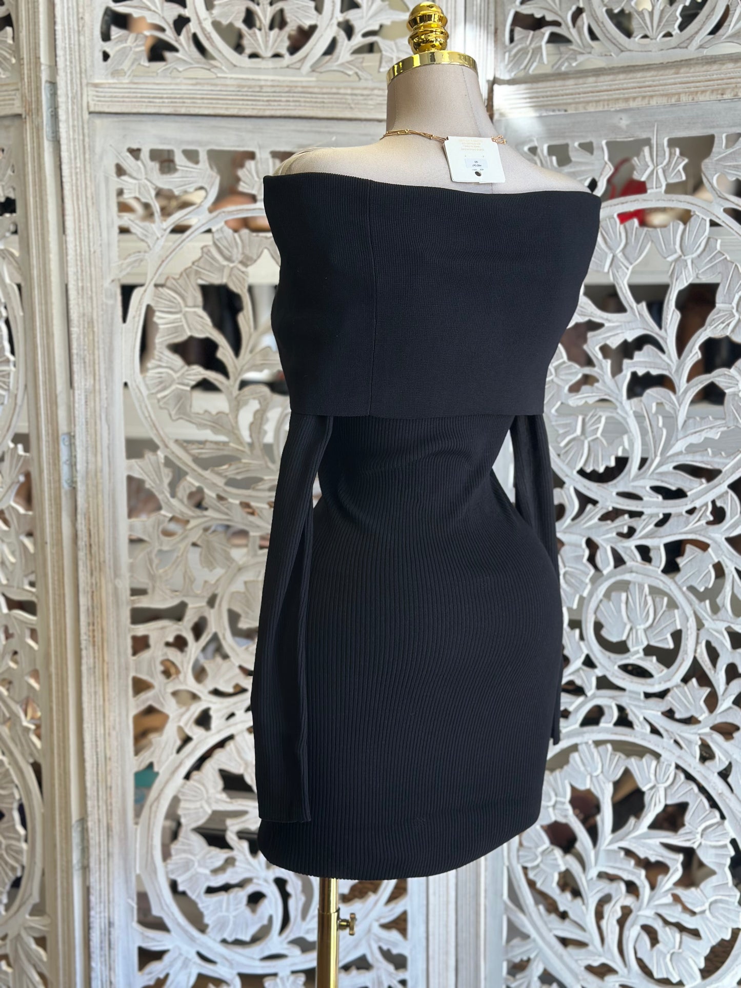 Off Shoulder Black Ribbed Sweater Mini Dress- Stretchy,Estira