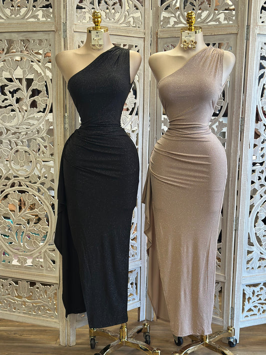 Shimmery Asymmetrical Backless Dress- Stretchy,Estira