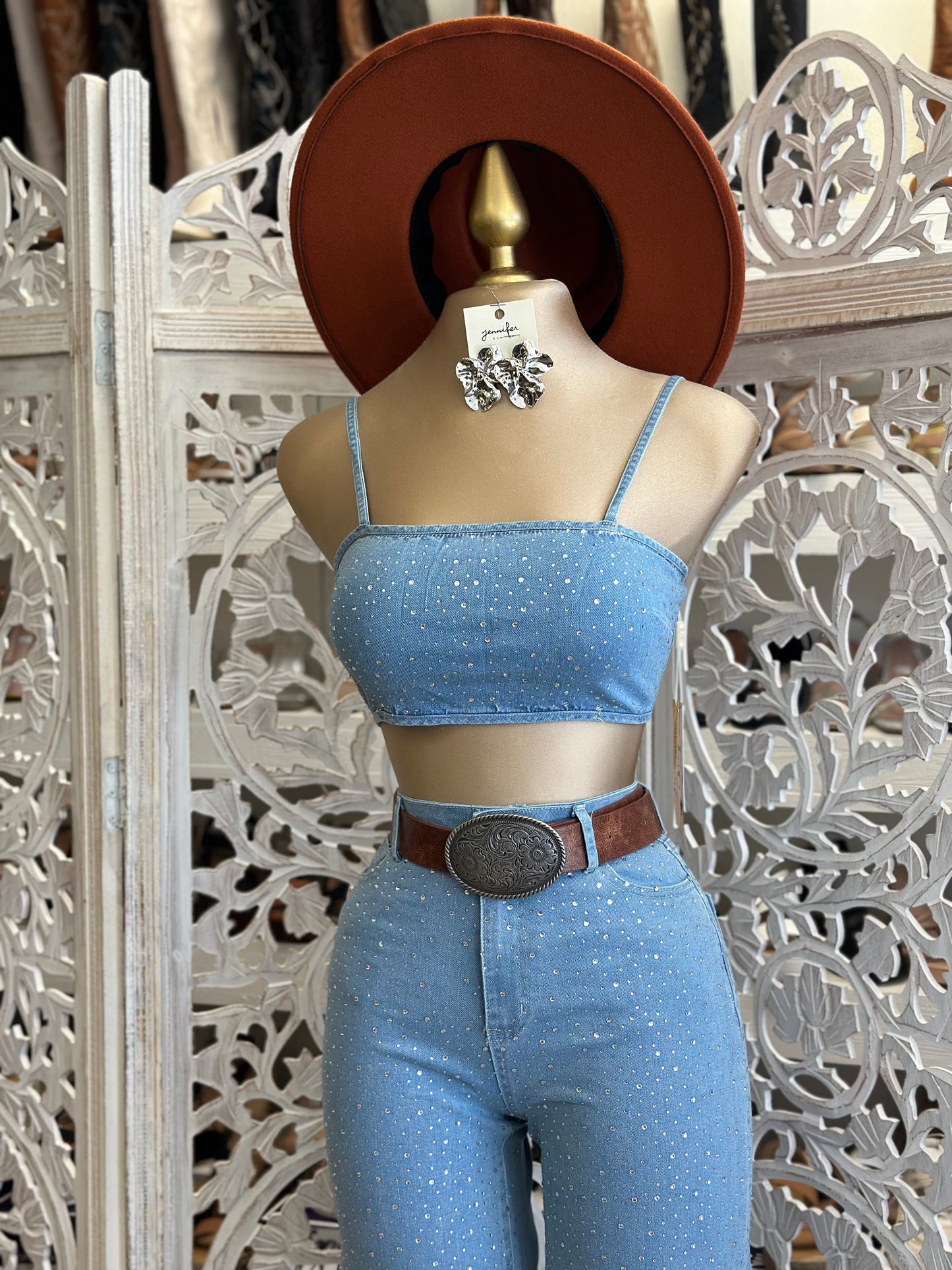 Rhinestone Jean and Crop Set- Slightly Stretchy, Estira Poco