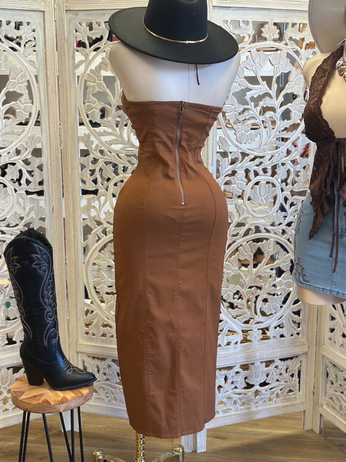 Brown Denim Buckle Bodycon Midi Dress-Estira, Stretchy