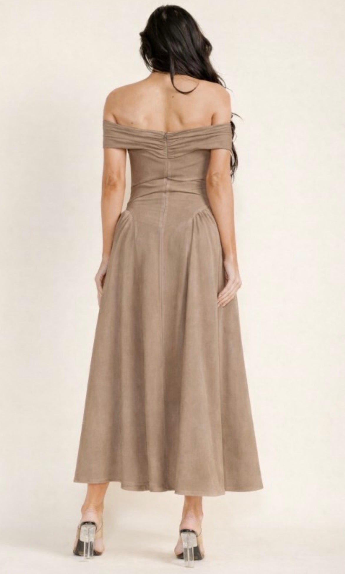 Off Shoulder Flare Midi Dress- Estira, Stretchy