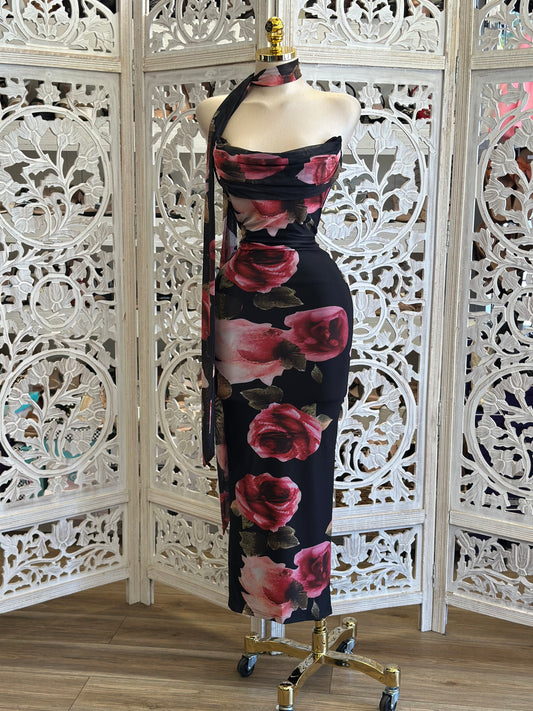 Rose Petal Strapless Scarf Midi Dress - Estira, Stretchy