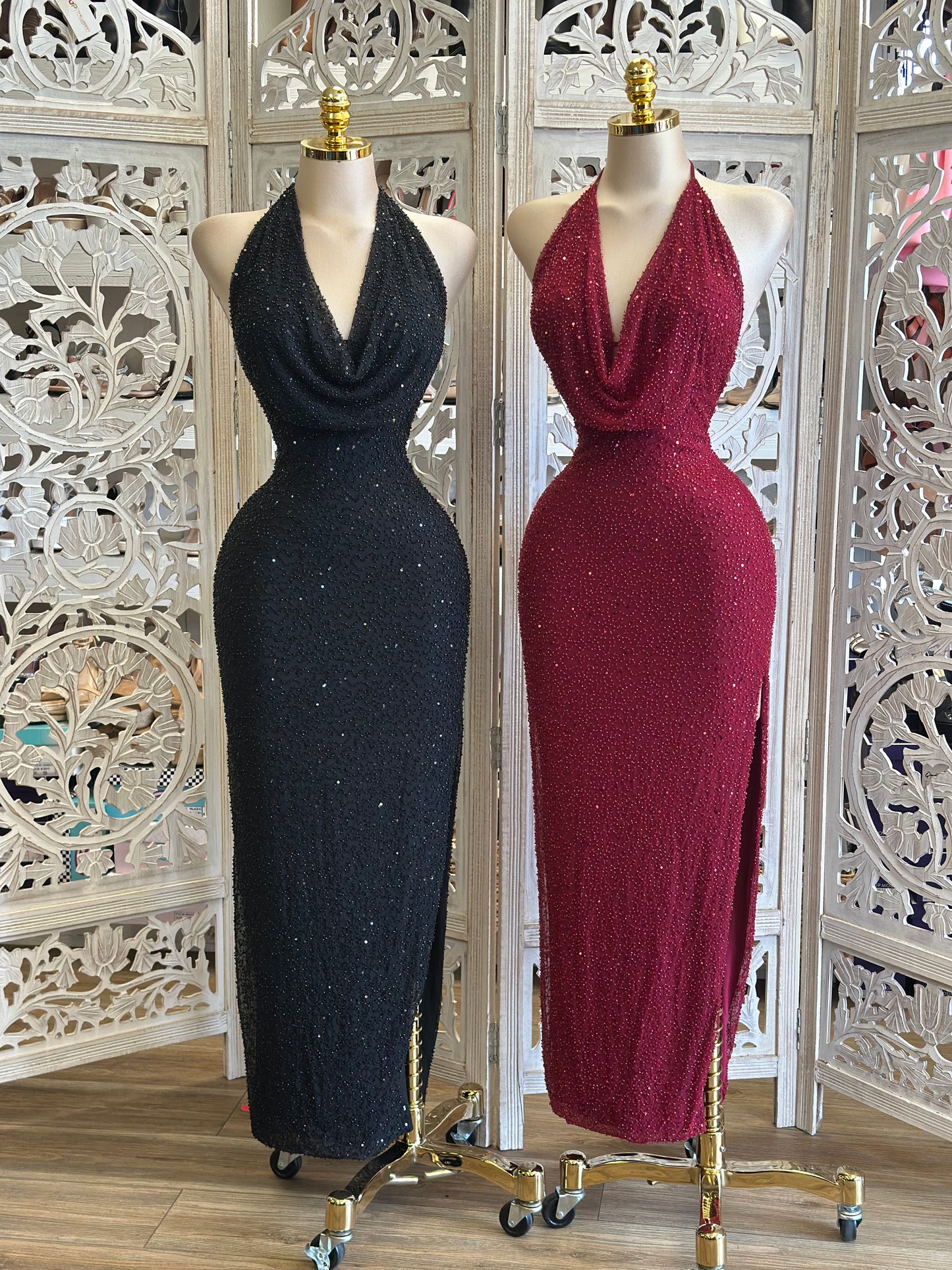 Elegant Draped Neck Embellished Dress - Estira , Stretchy