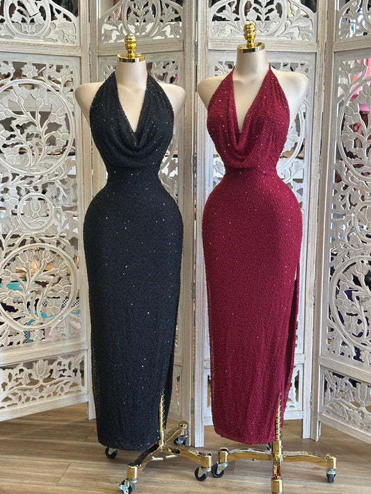 Elegant Draped Neck Embellished Dress - Estira , Stretchy