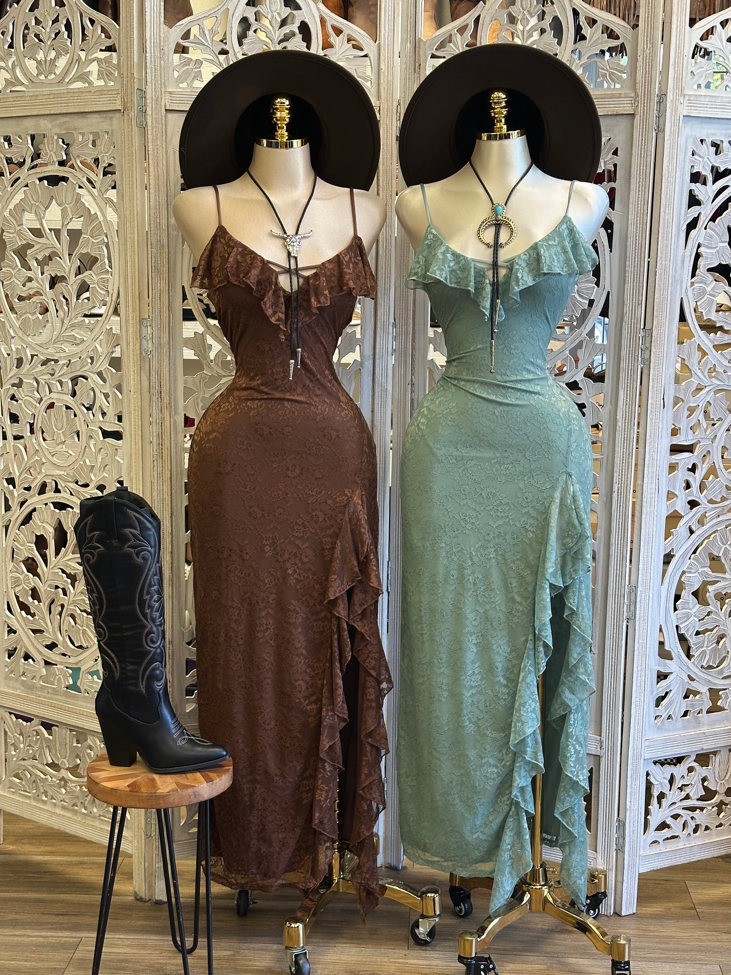 Ruffle Lace Maxi Dress- Estira, Stretchy