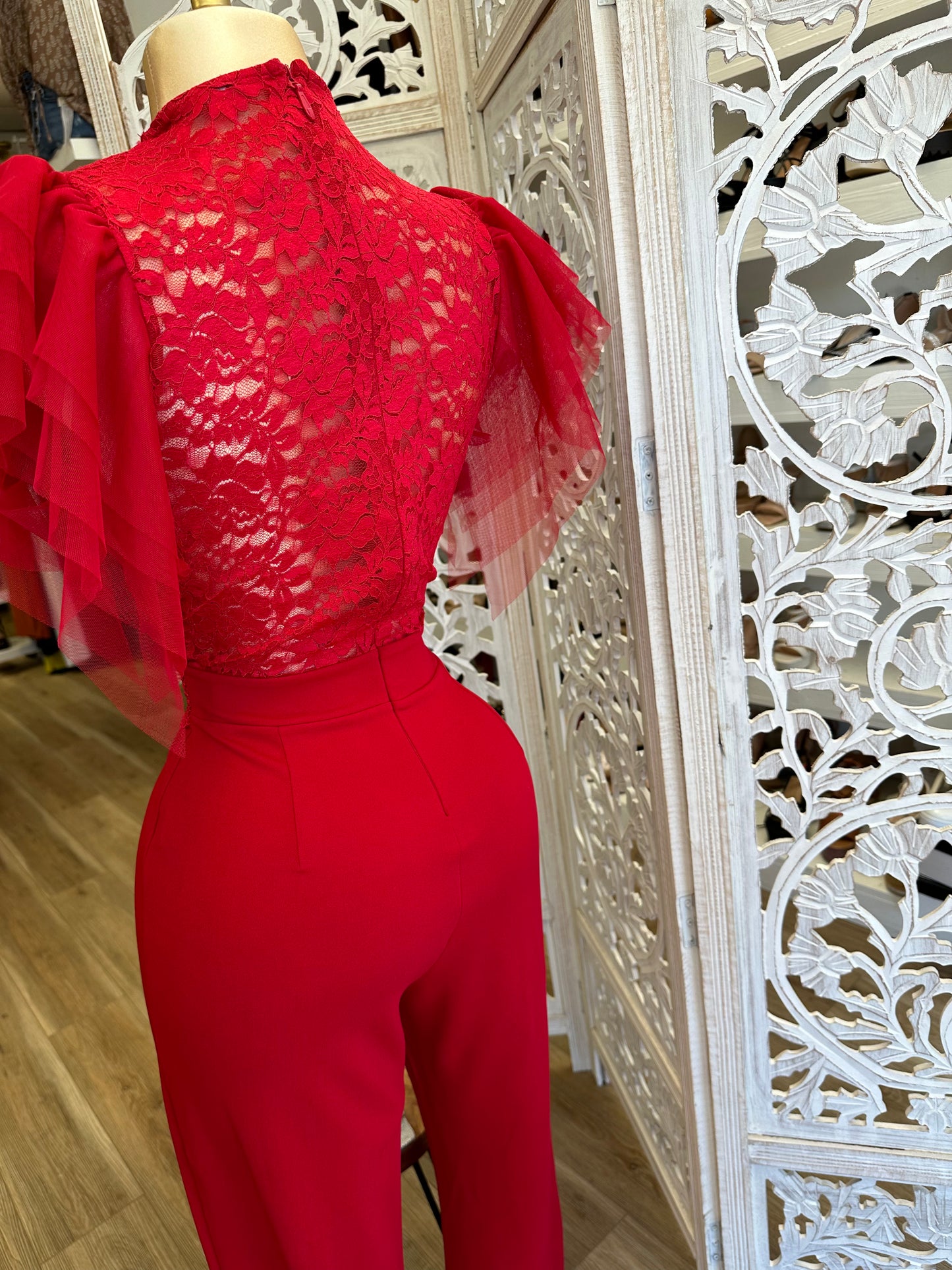 Red Tulle Sleeve Jumpsuit