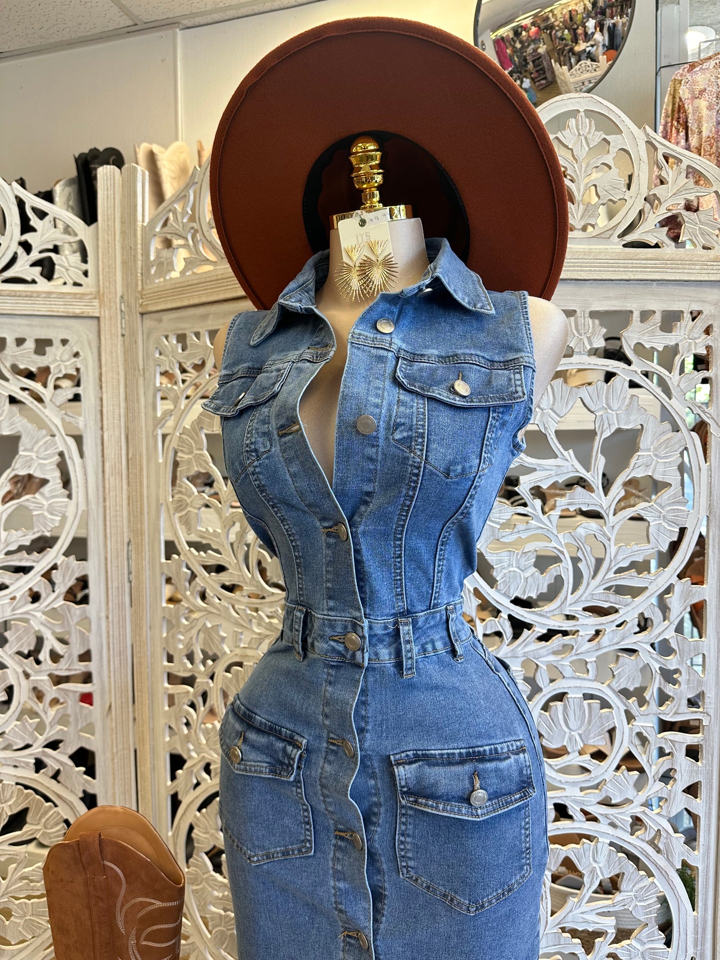 Denim Sleeveless Button Up Midi Dress - Estira, Stretchy
