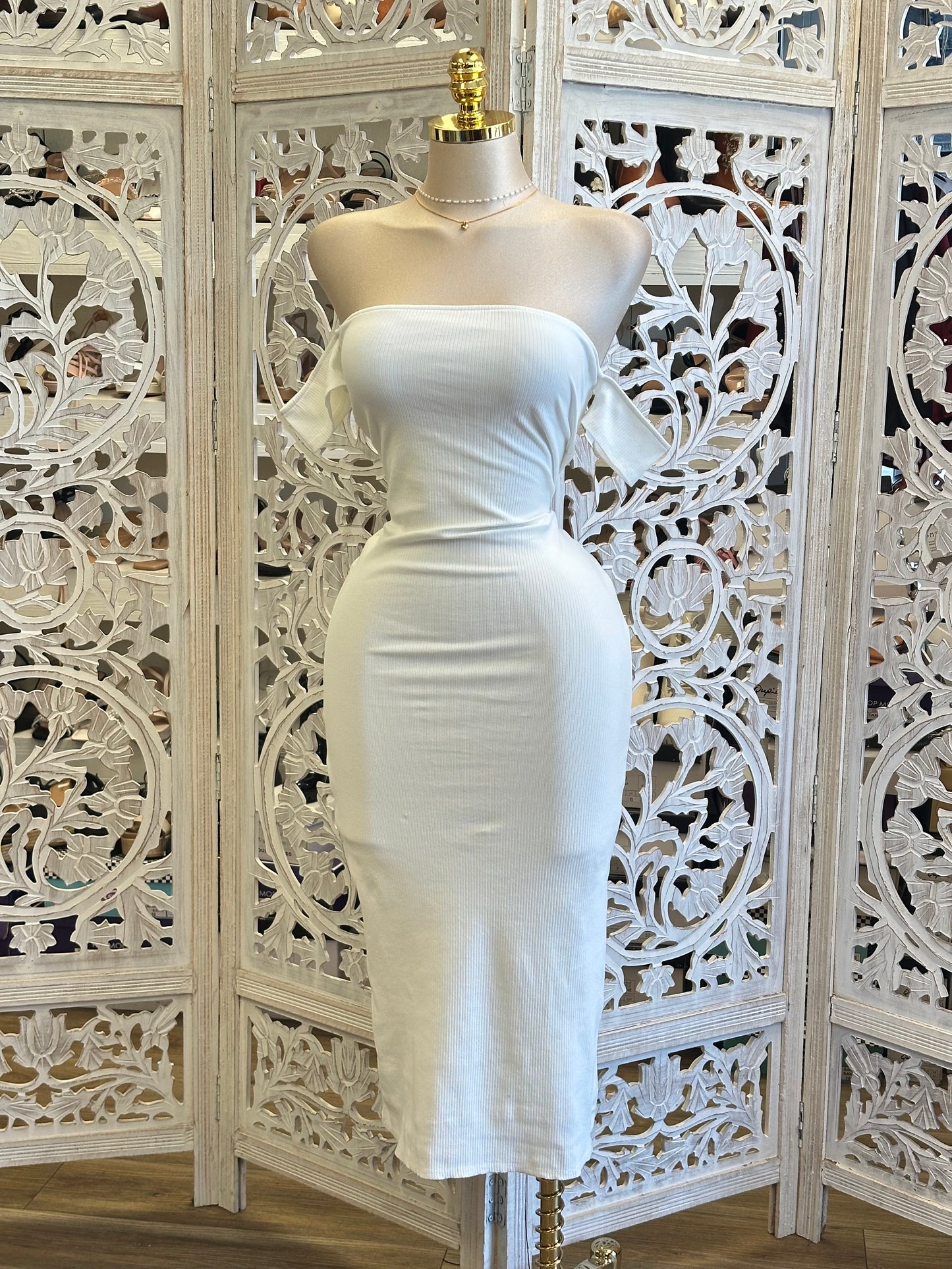 Ribbed Off Shoulder Midi Dress-Stretchy, Estira
