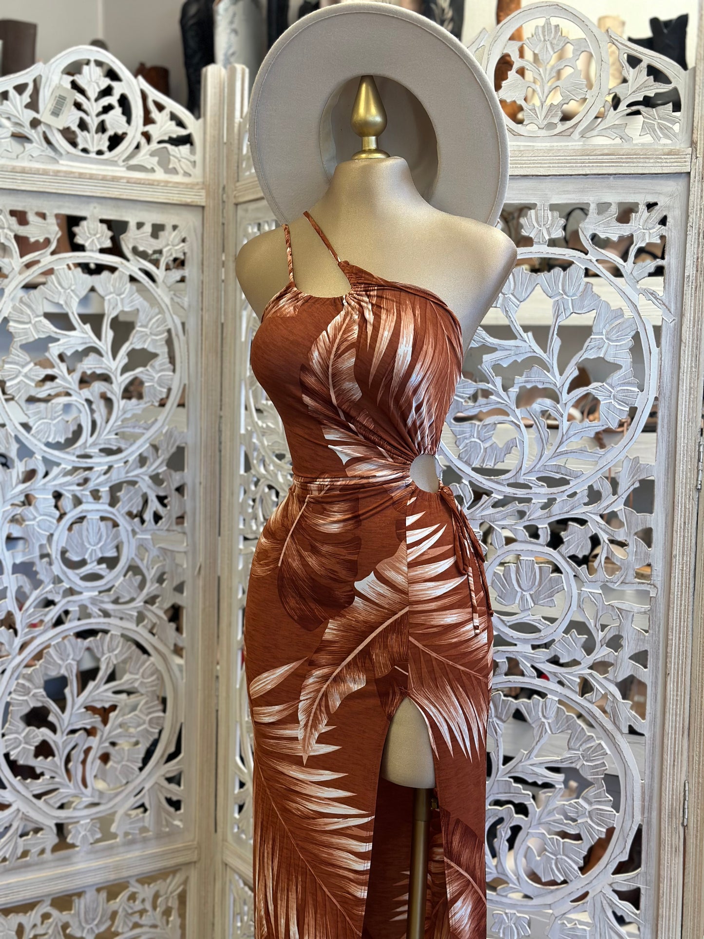 Leaf Pattern Rust Cutout Dress - Estira, Stretchy