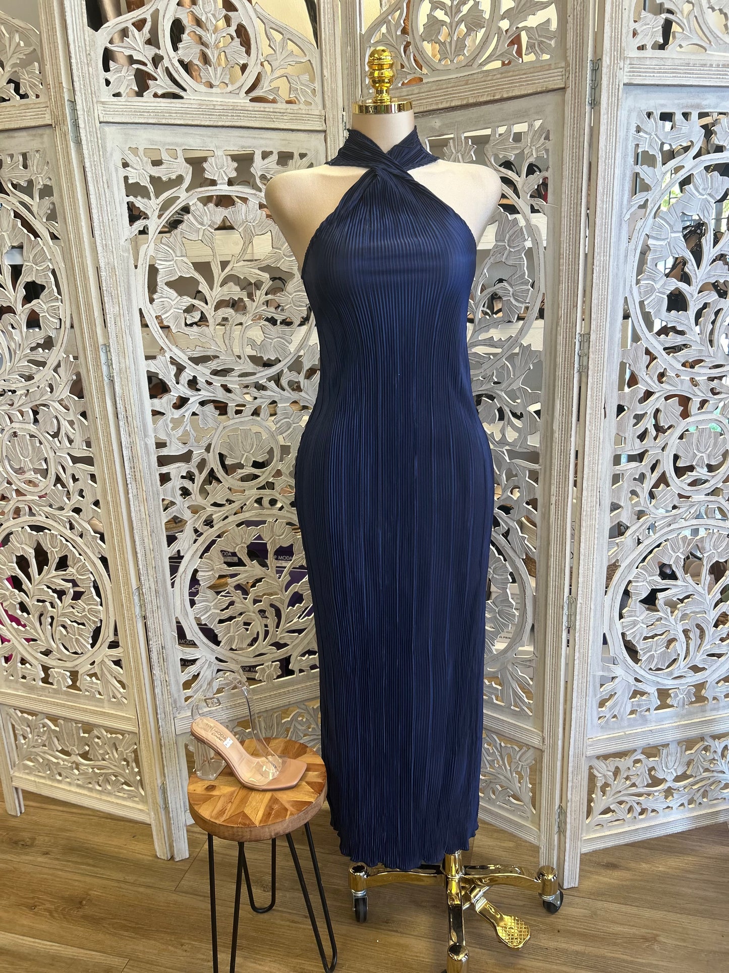 Midnight Blue Scrunched Twisted Front Dress- Stretchy