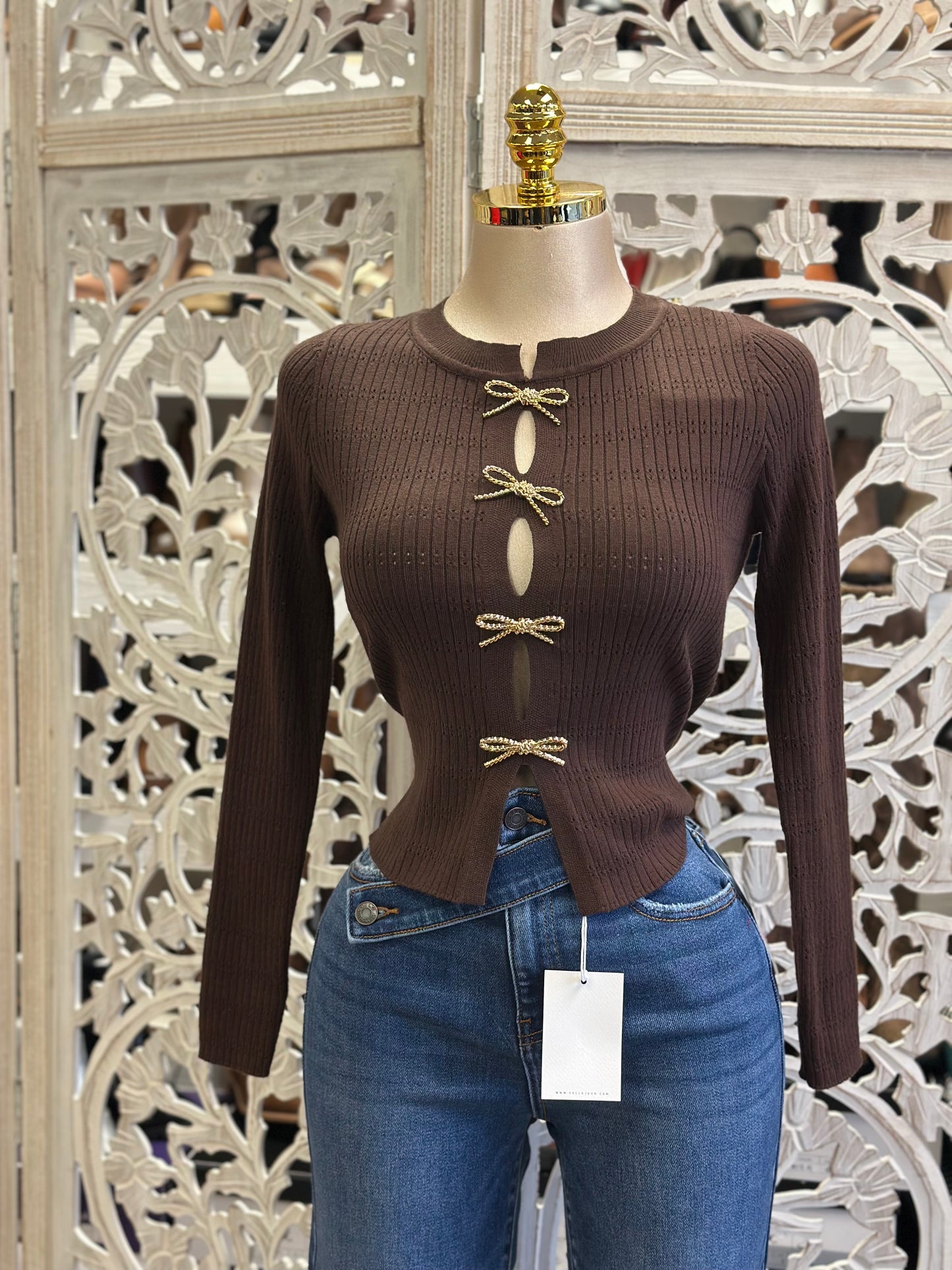 Golden Bow Button Knitted Top- Estira, Stretchy