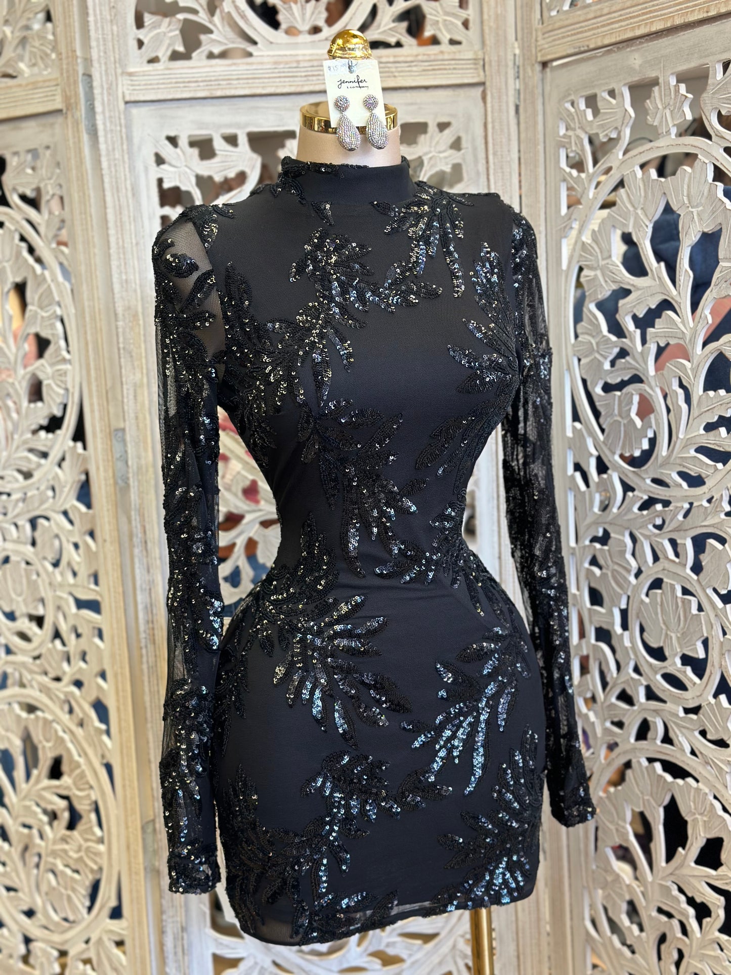 Sequin Black Mesh Mini Dress- Stretchy, Estira