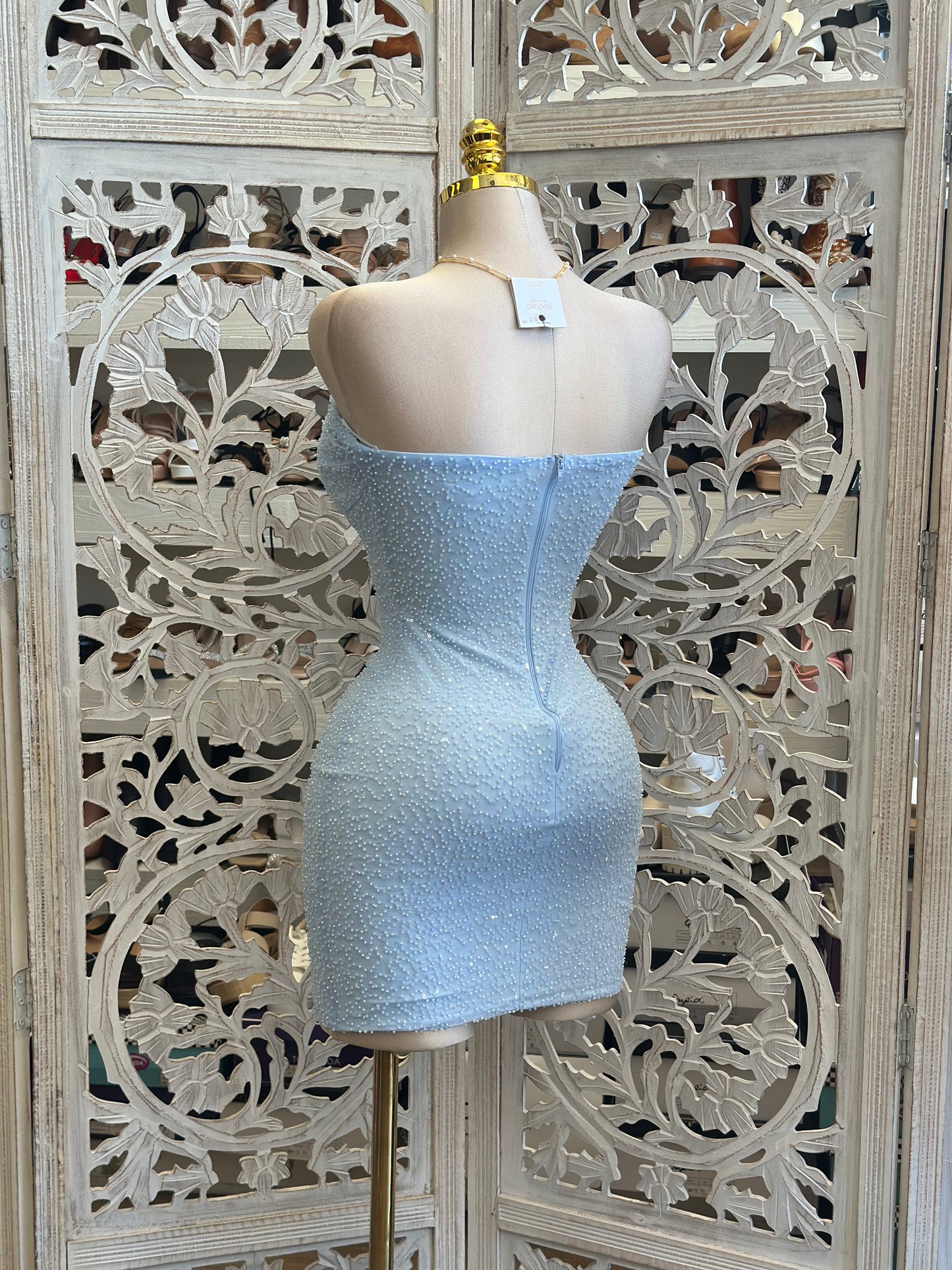 Embellished Light Blue Mini Dress- Stretchy, Estira