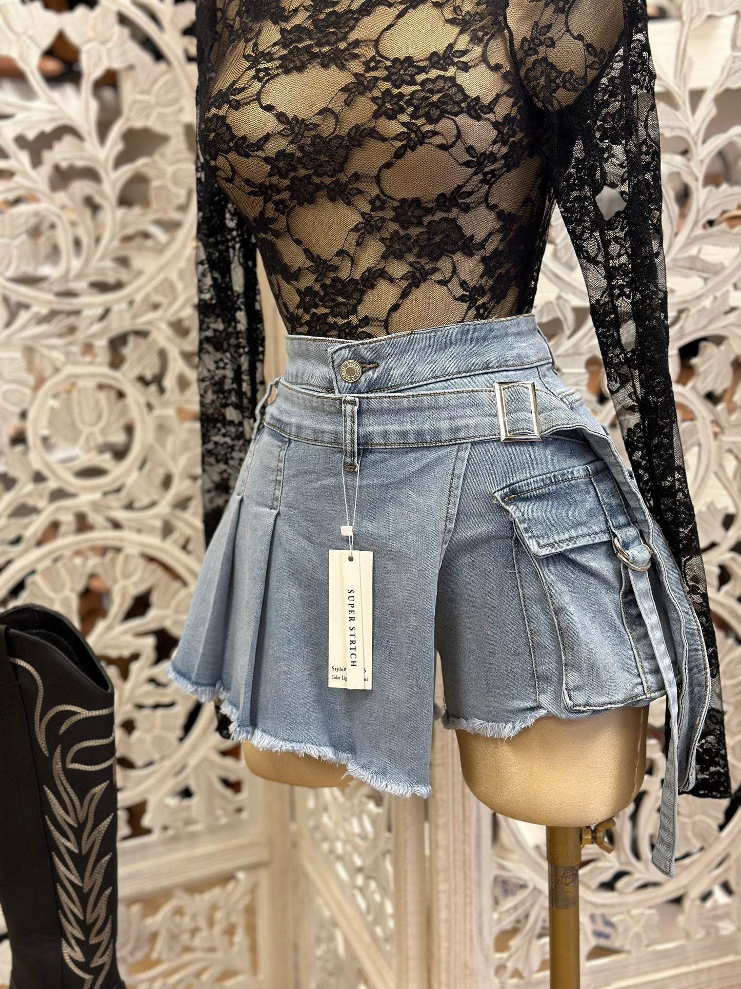 Denim Pleated Mini Skort-Stretchy