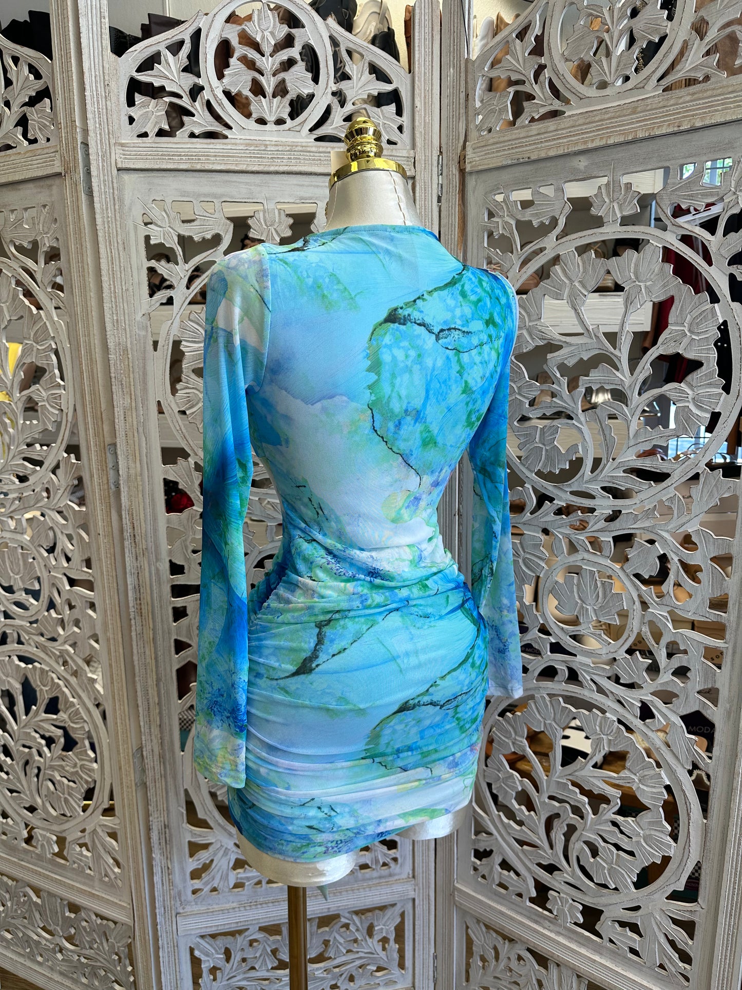 Mesh Blue Dye Mini Dress -Stretchy, Estira