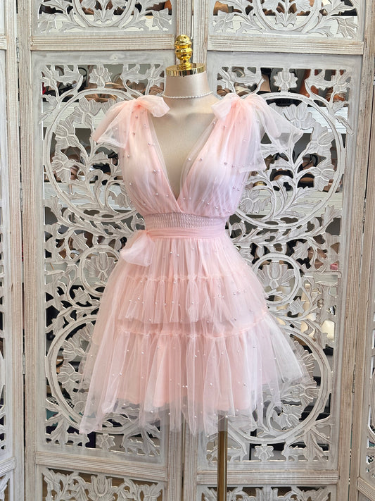 Tulle Soft Pink Pearl Mini Dress - Estira, Stretchy