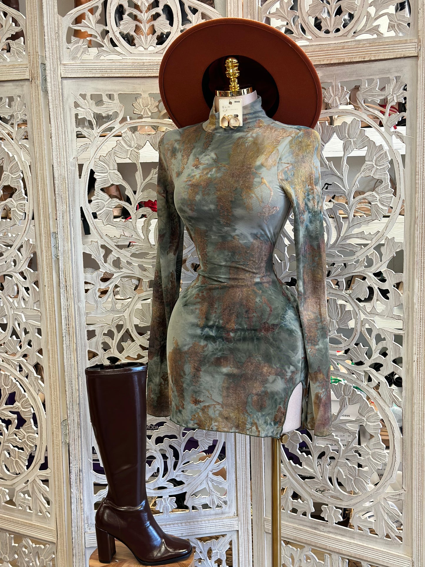 Multi Color Mock Neck Long Sleeve Mini Dress- Stretchy, Estira