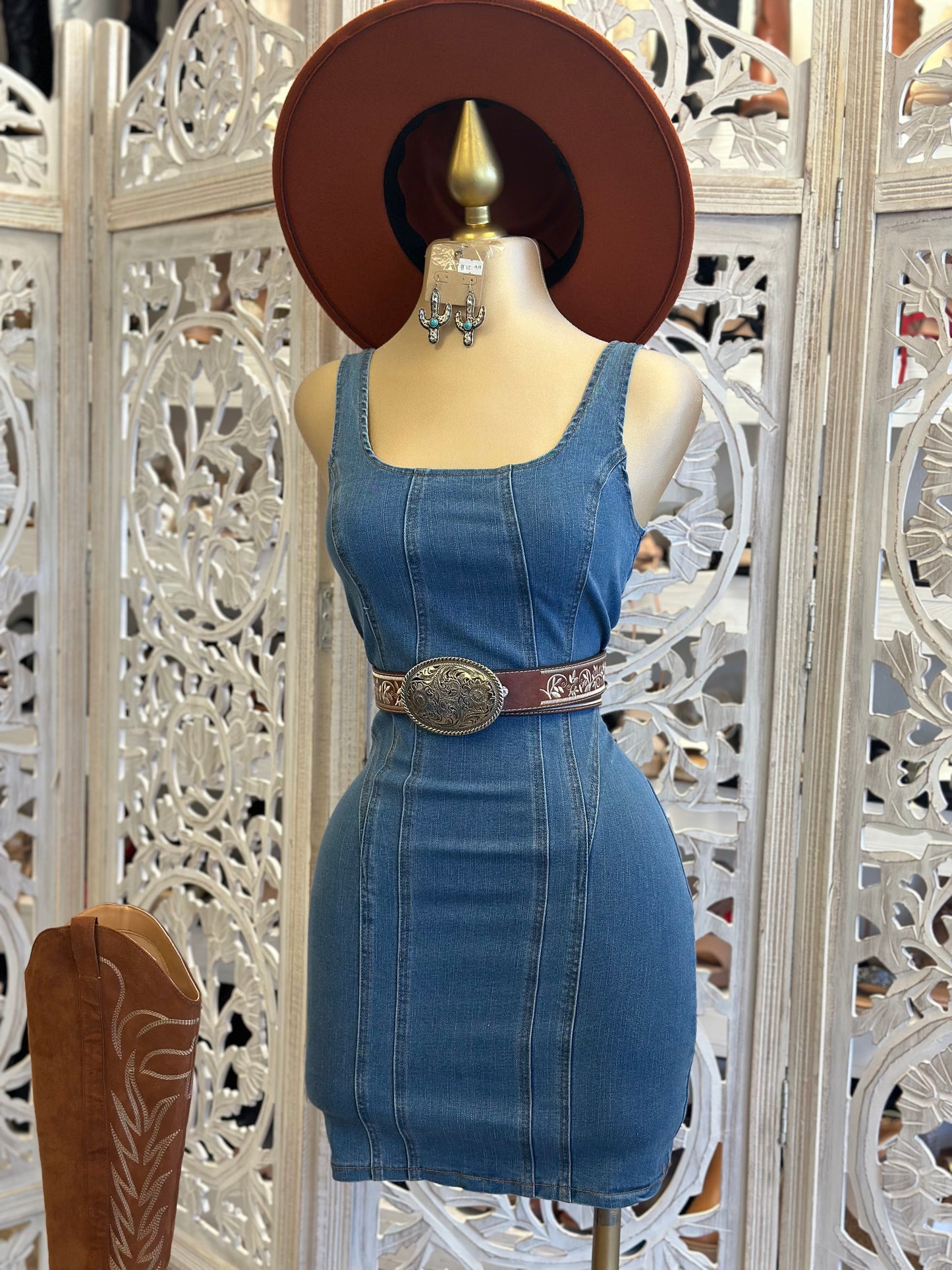 Scoop Back Denim Mini Dress - Estira, Stretchy