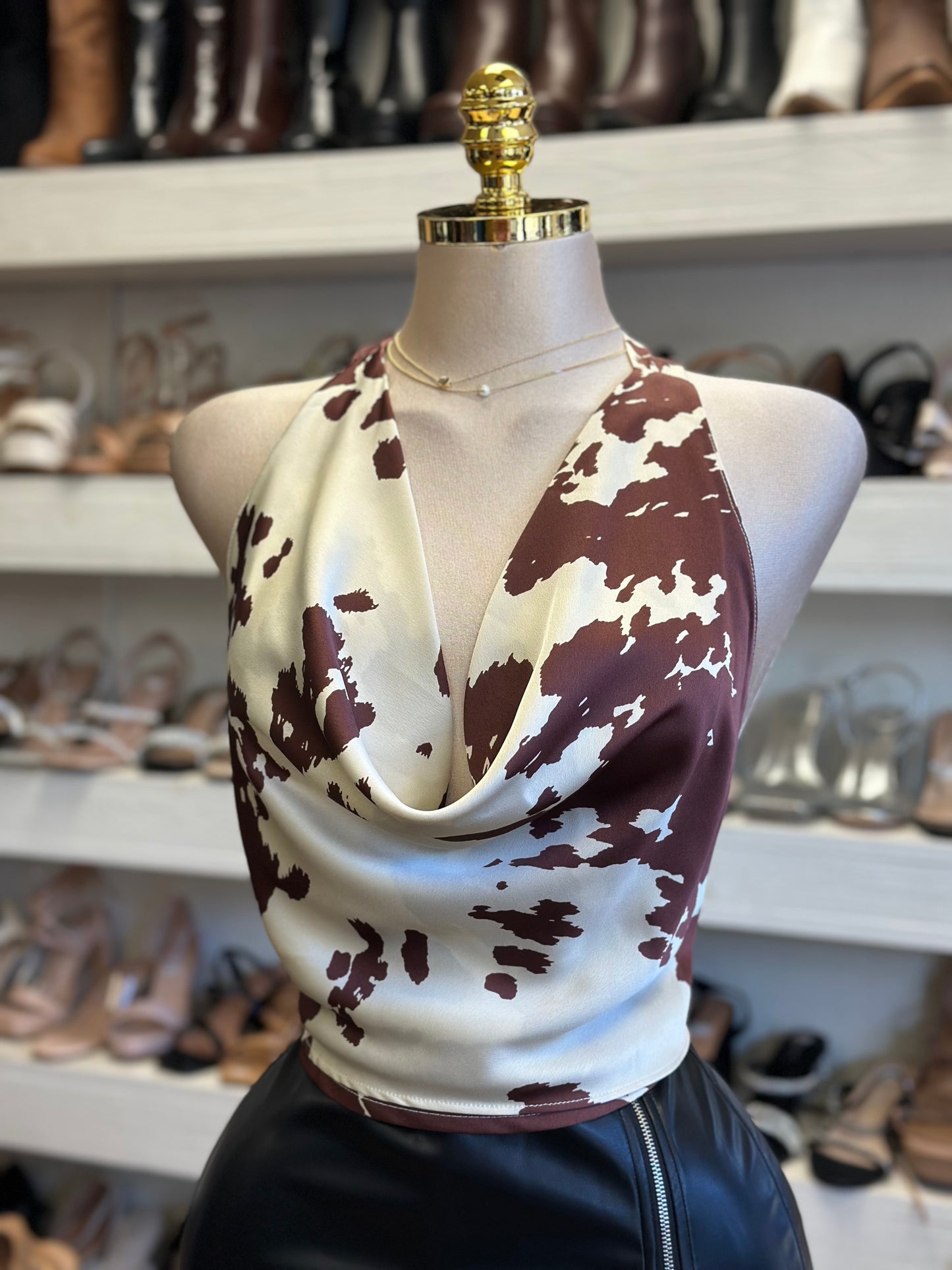 Cow Print Satin Halter Blouse- Estira, Stretchy