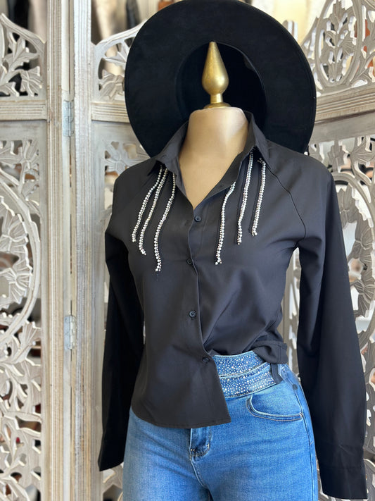 Black Dainty Rhinestone Blouse- Stretchy