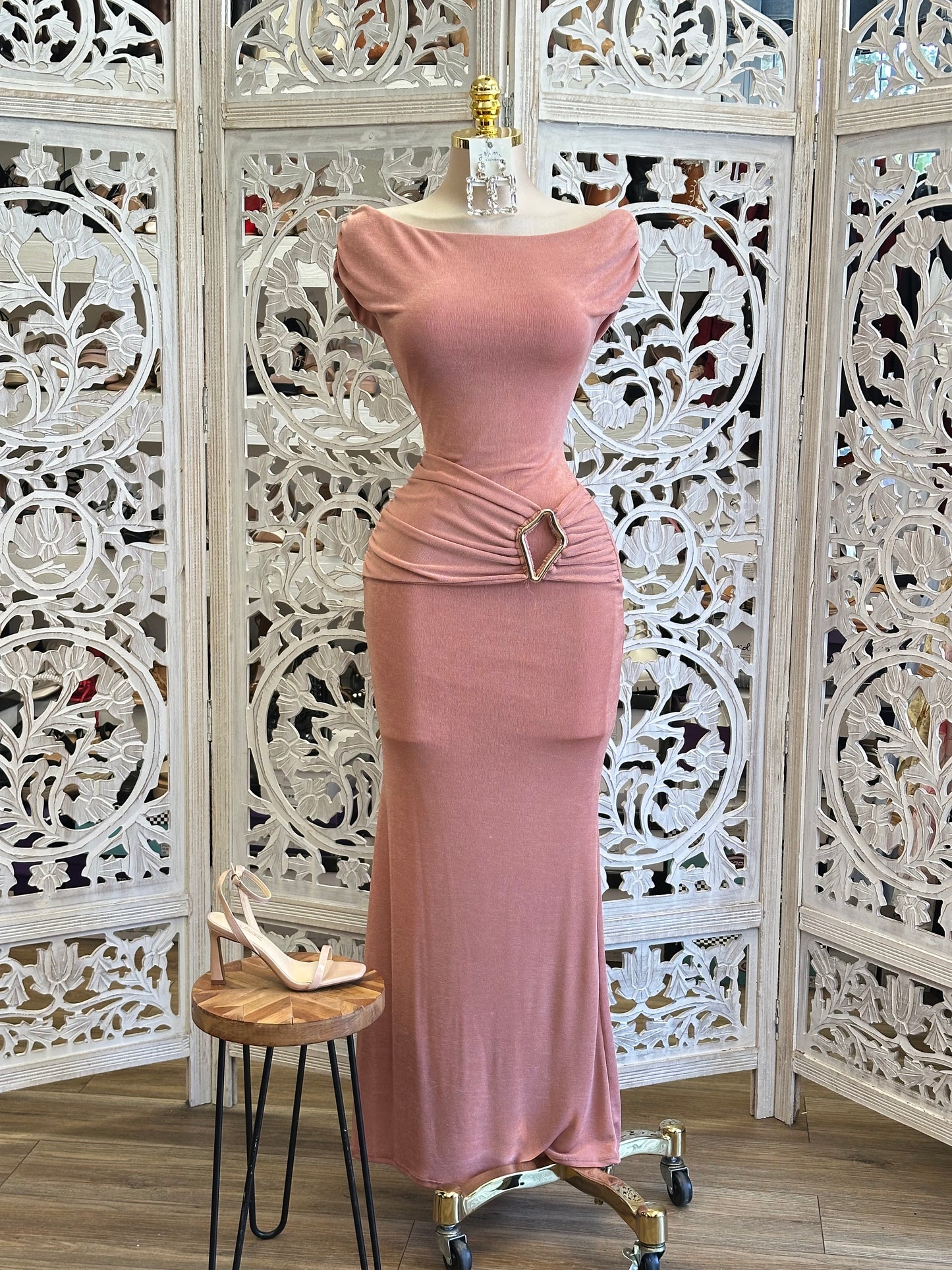 Boat Neck Dusty Rose Midi Dress-Stretchy, Estira