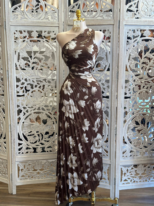 Brown Floral Pleated One Sleeve Cutout Dress - No Estira, Not Stretchy