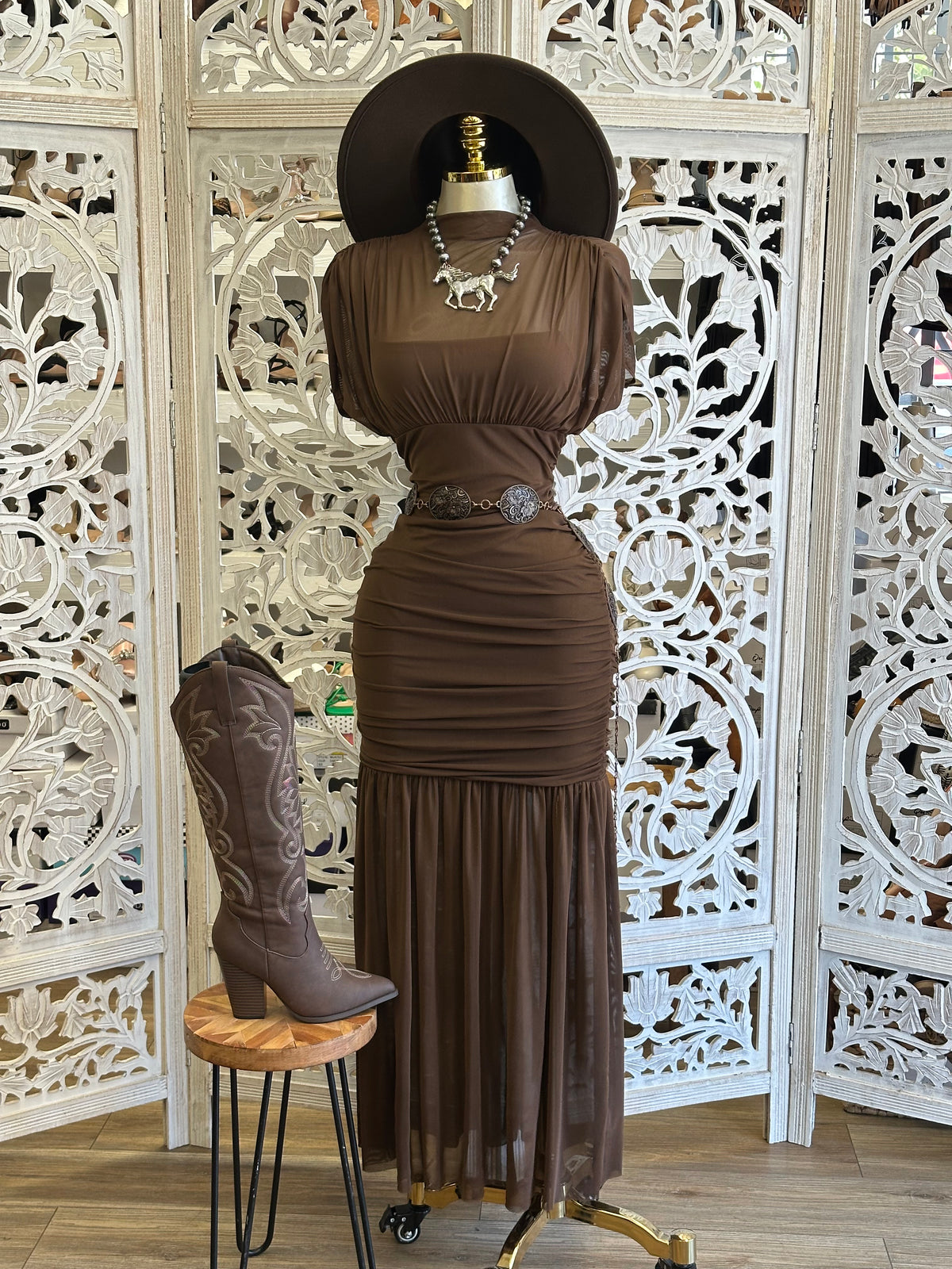 Canyon Clay Ruched Dress- Estira, Stretchy