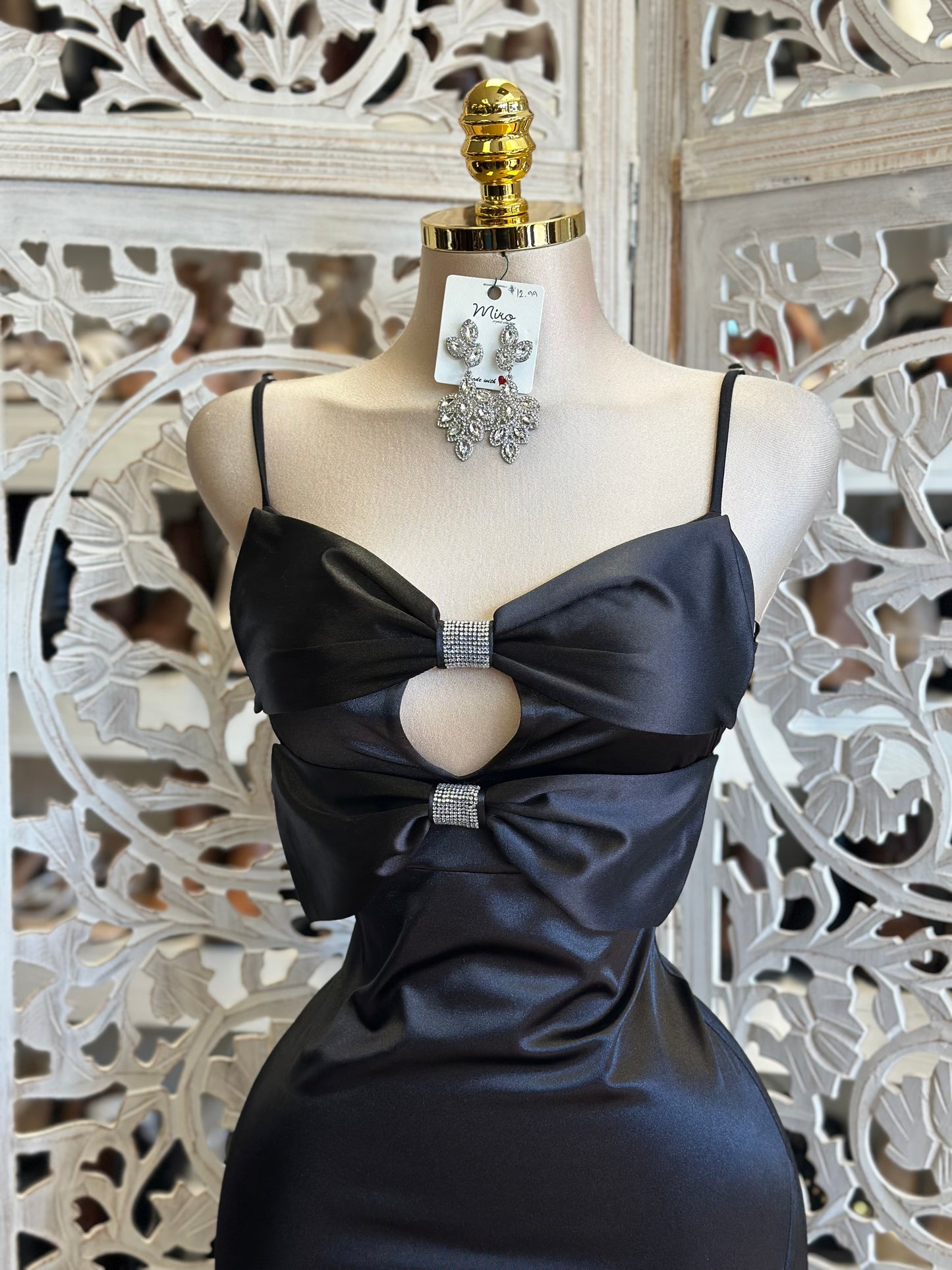 Rhinestone Bow Black Dress- Stretchy,Estira