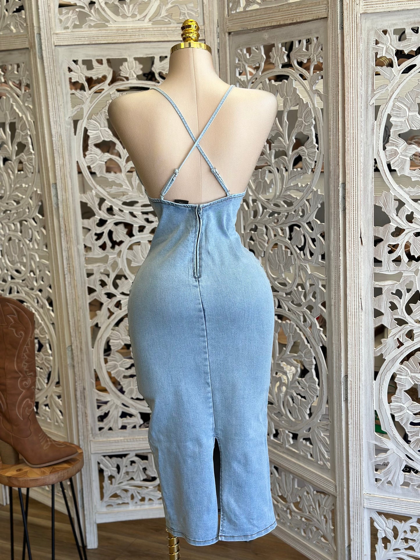 Cross Back Light Denim Dress - Estira, Stretchy