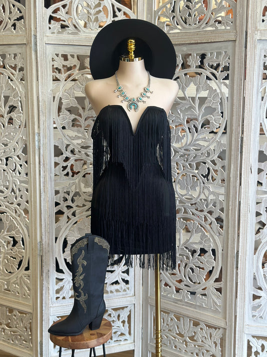Black Fringe Dress- Stretchy, Estira