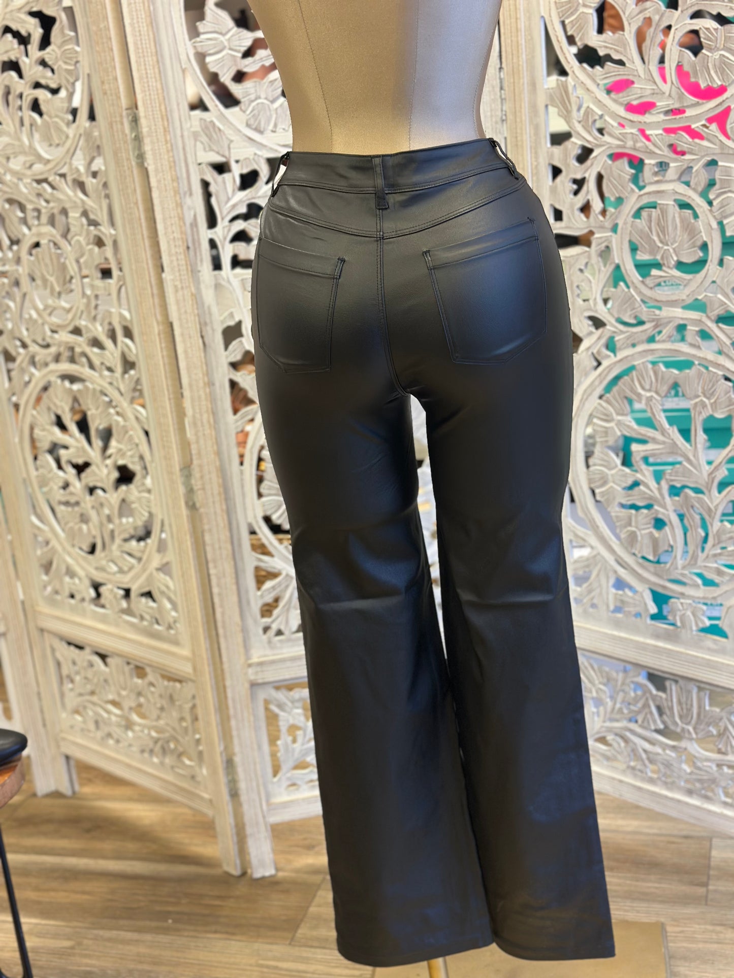 Black Faux Leather Wide Leg Pants - Estira, Stretchy