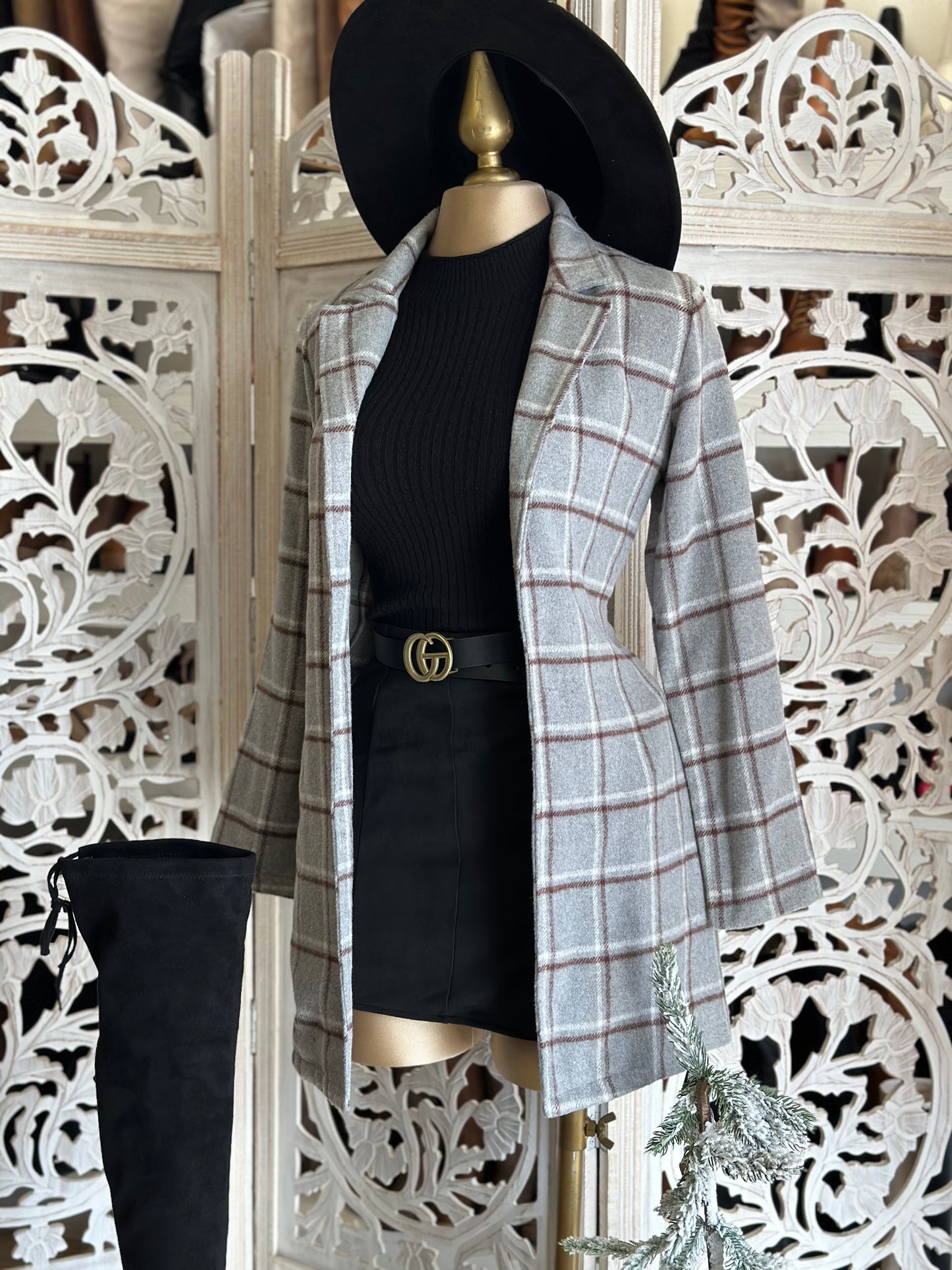 Gray Plaid Blazer Coat