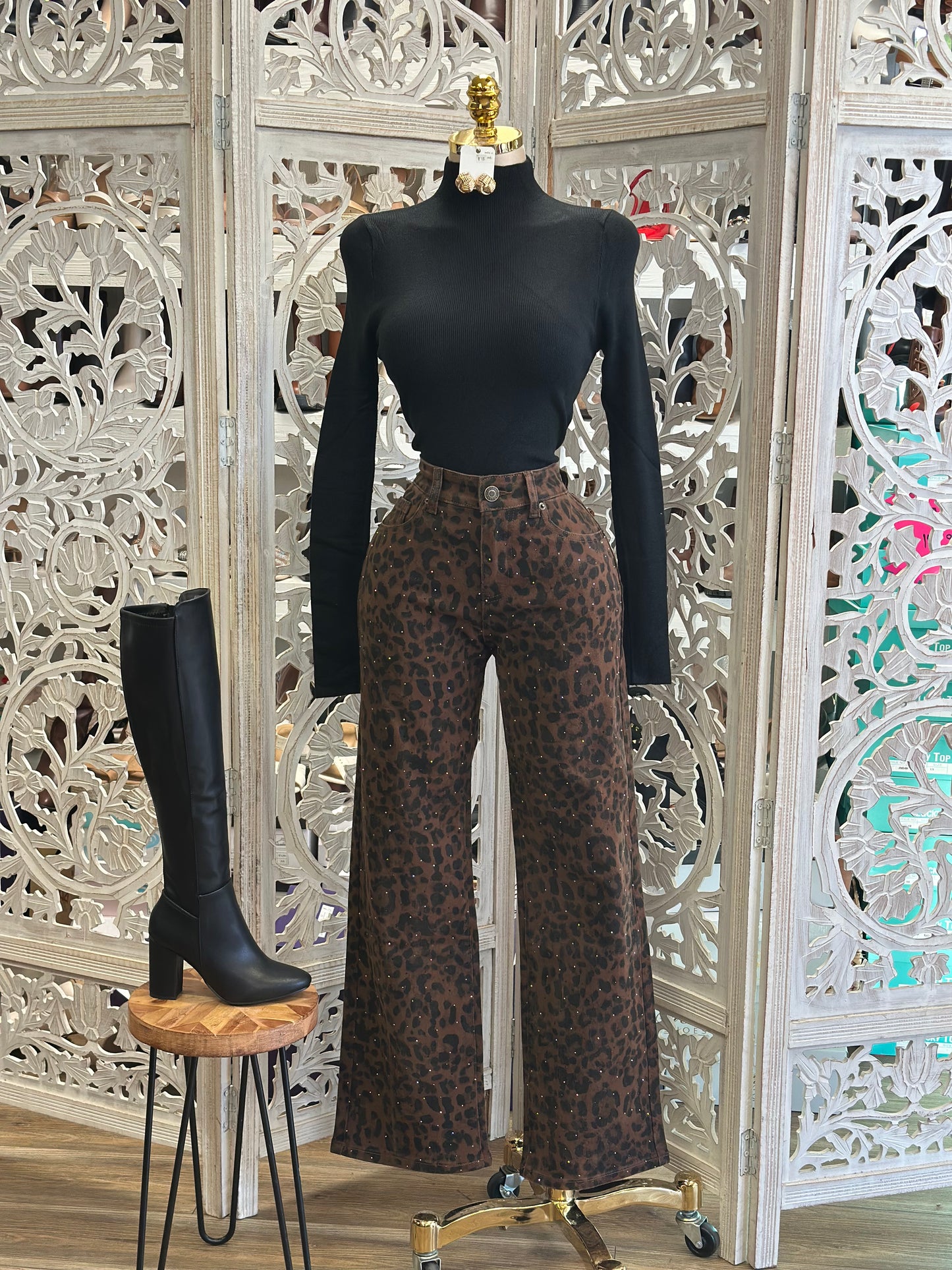 Leopard Brown Wide Leg Jeans - Not Stretchy, No Estira