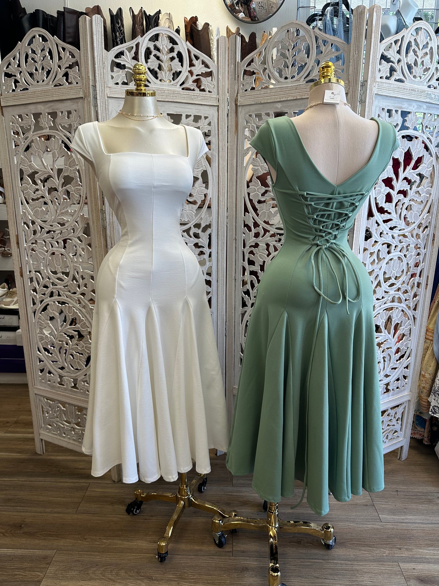 Square Neck Midi Dress- Estira, Stretchy