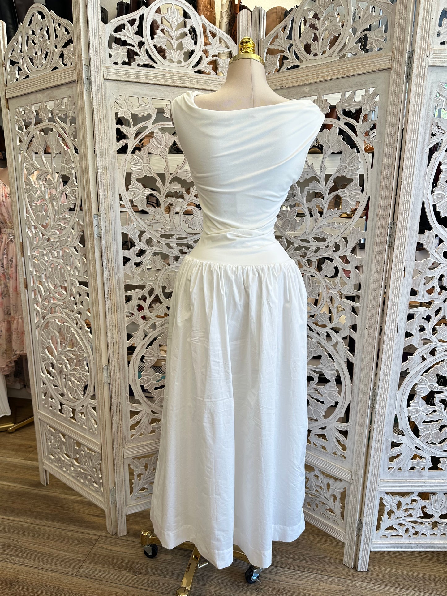 Asymmetrical White Midi Dress- Stretchy, Estira