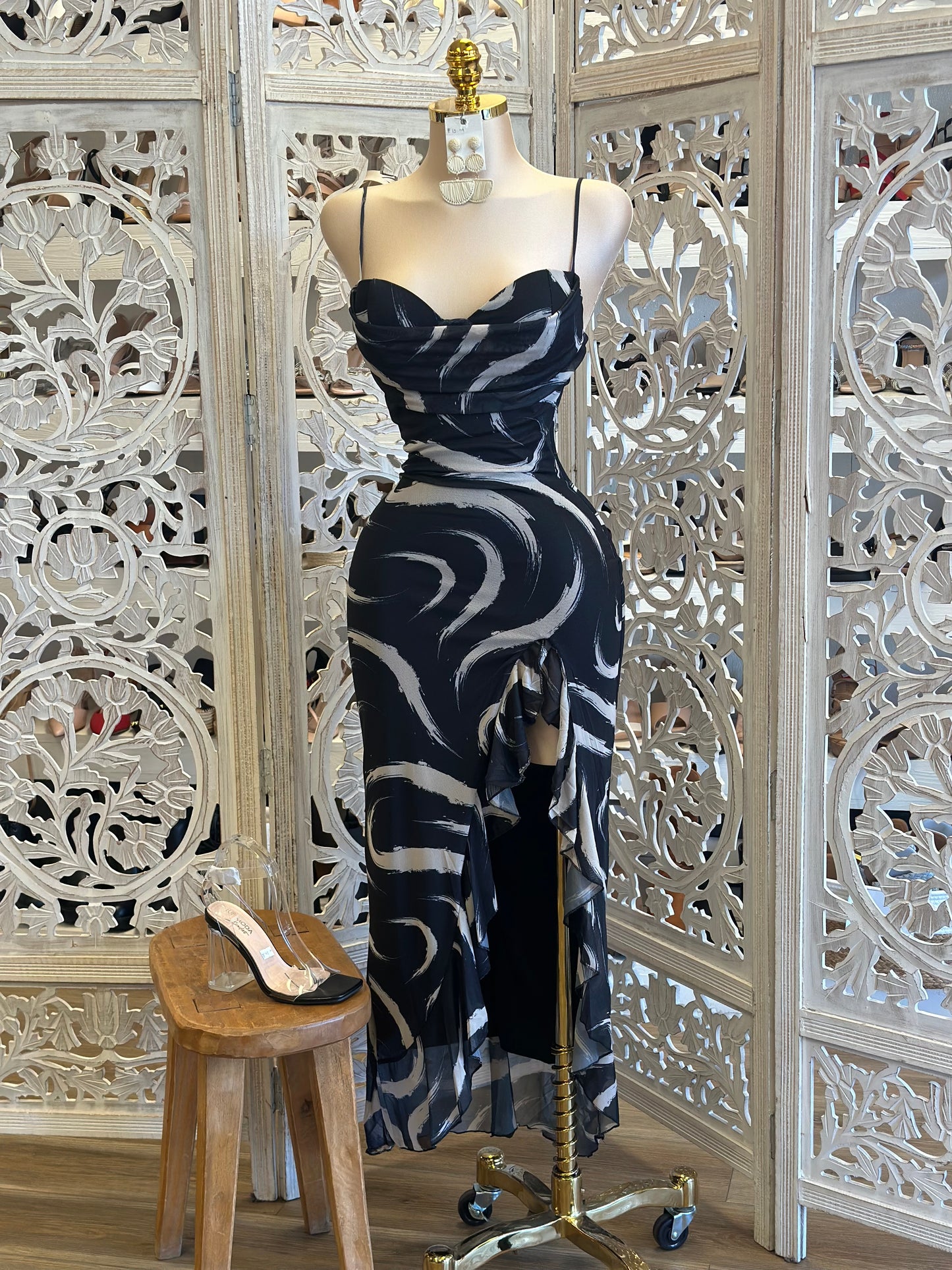 Black Marble Ruffle Dress-Estira, Stretchy
